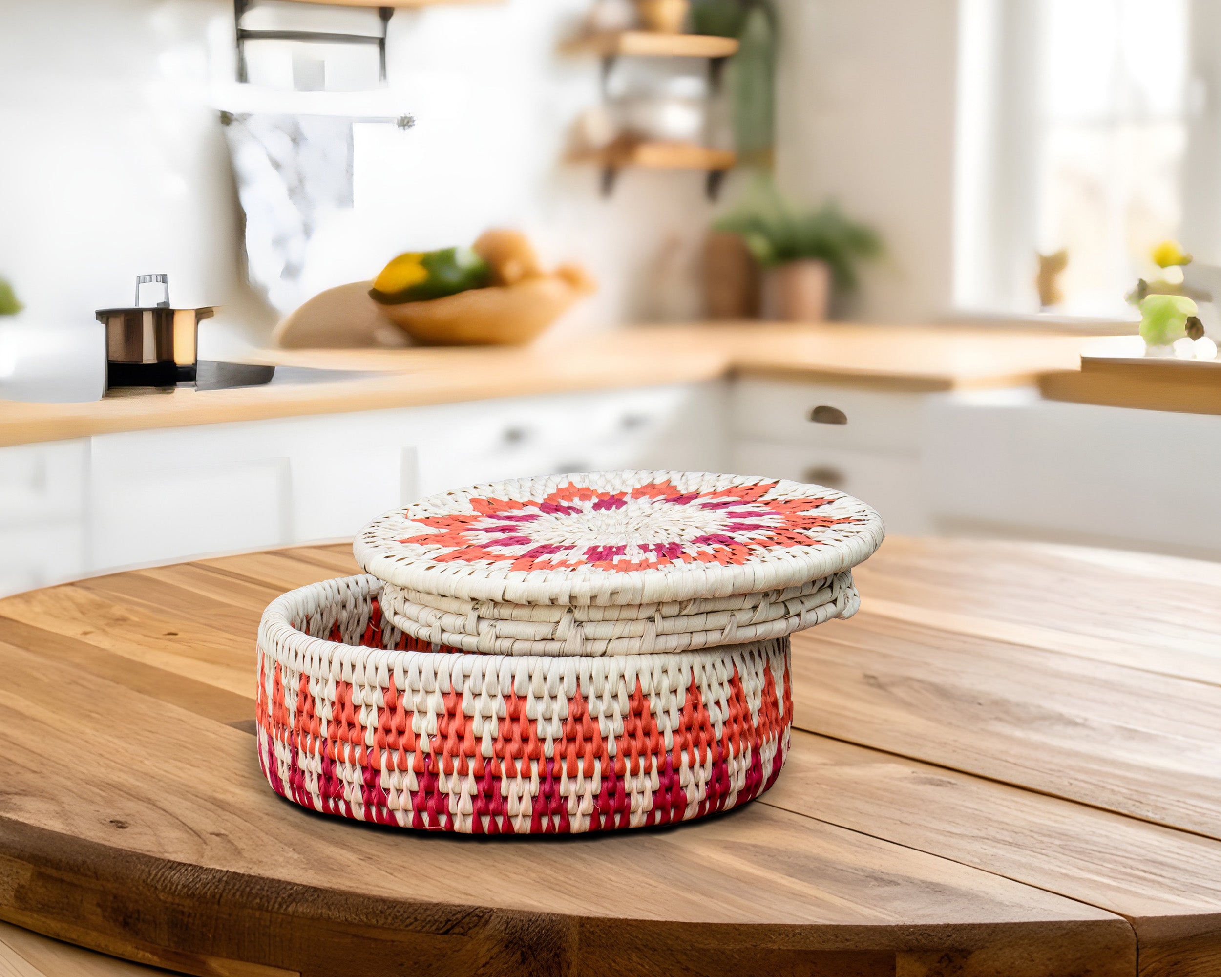 Handwoven Coral Pink Medallion Basket with Lid