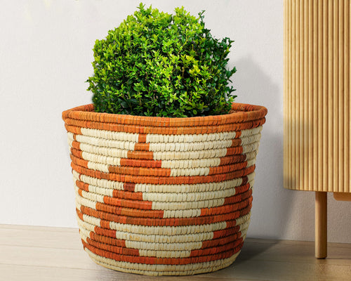 Ochre Stripe woven planter basket, handwoven natural seagrass and palm leaf