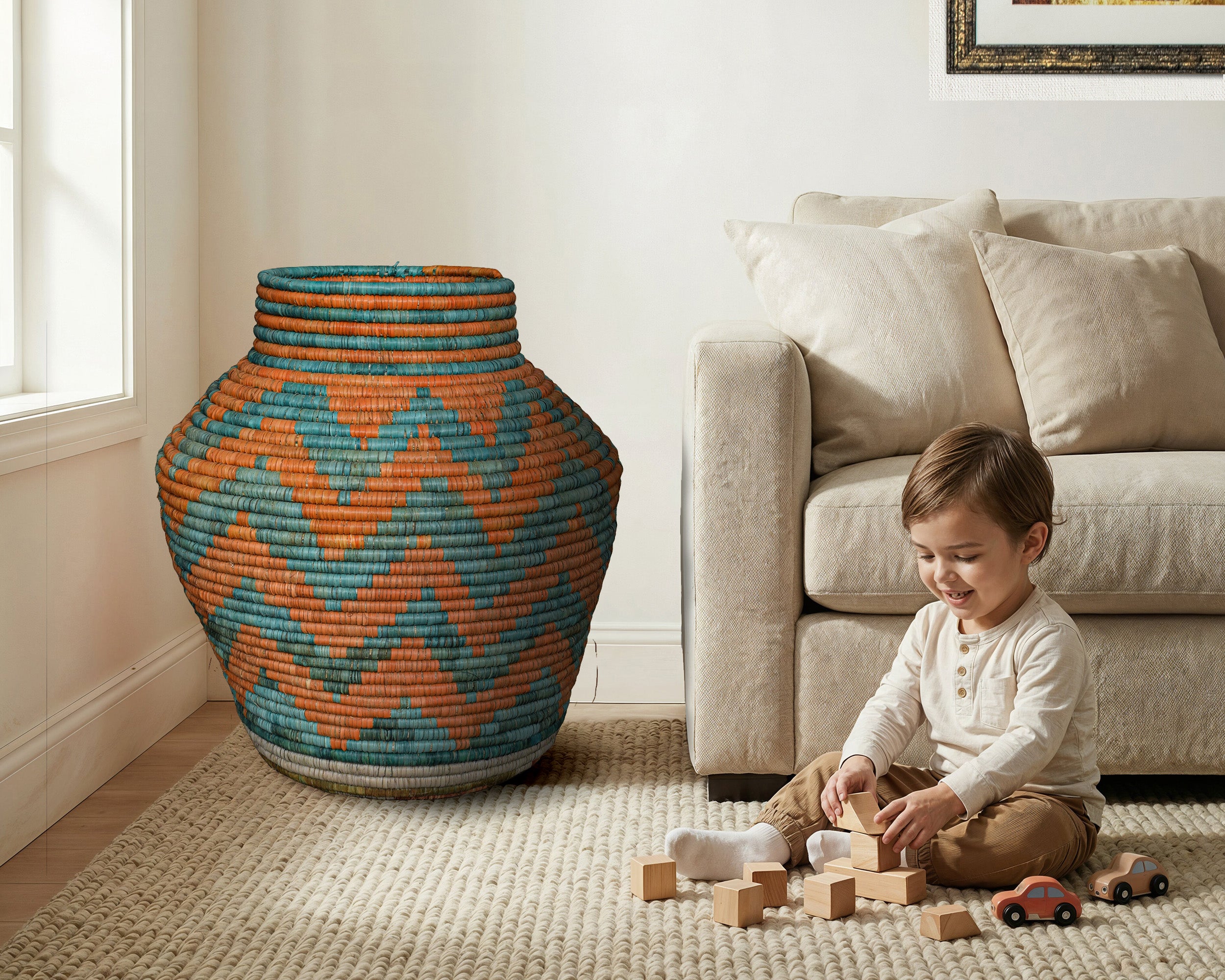 Large Turquoise Orange Diamond Potter Basket