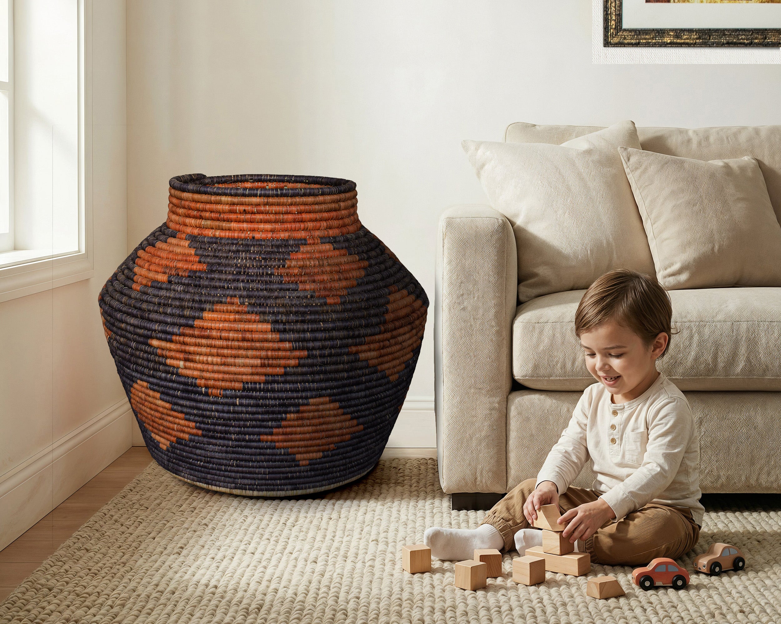 Charcoal Grey Burnt Orange Diamond Potter Basket