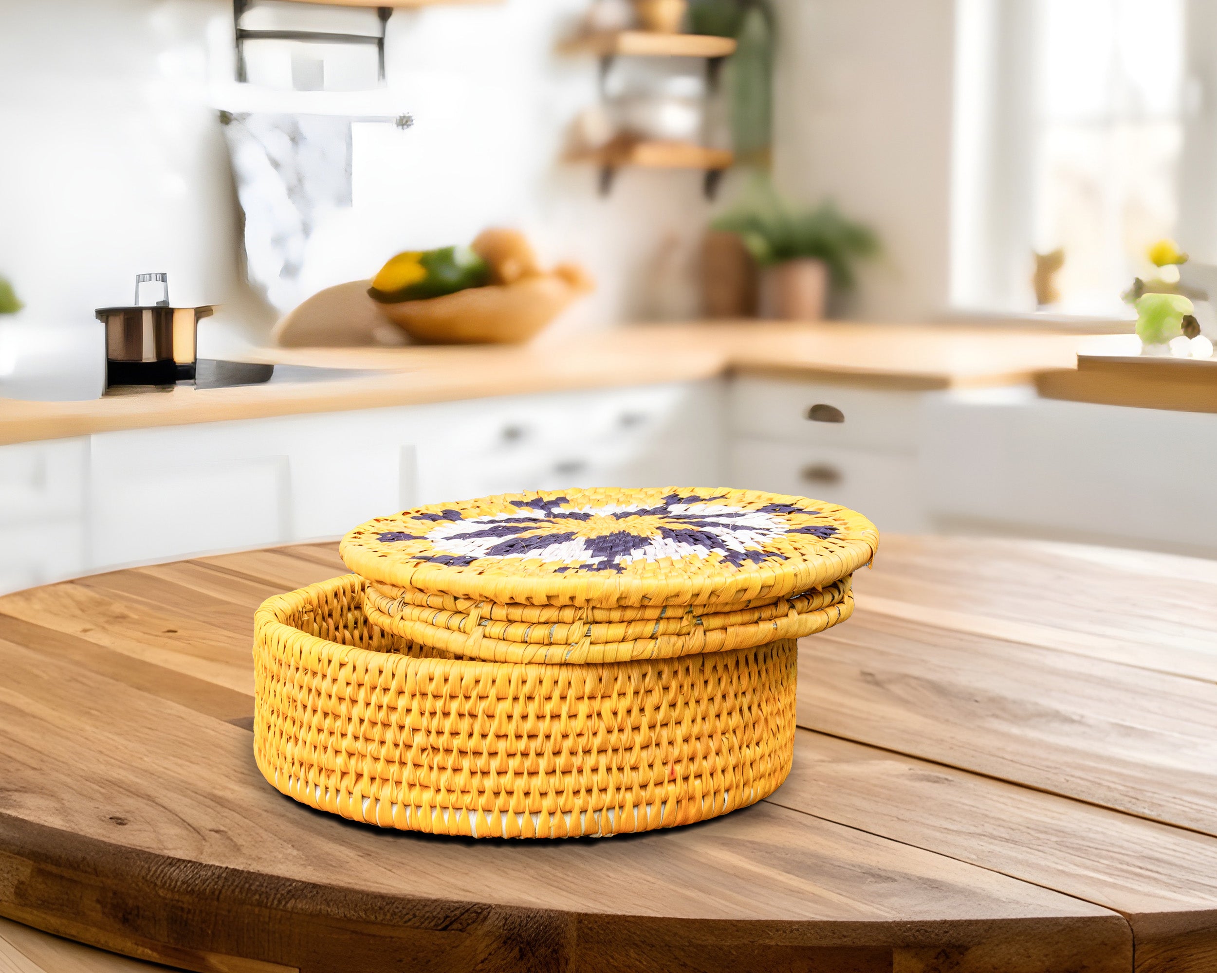 Handwoven Sunburst Mandala Basket with Lid