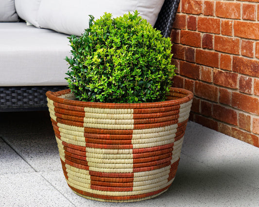 Checkered Brown Handwoven Planter Basket - 12-inch PB-909