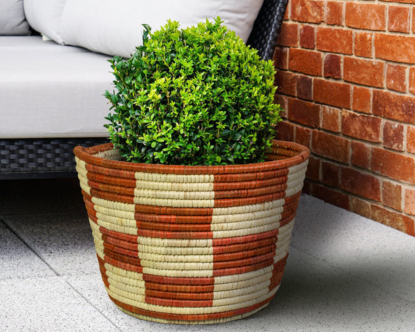 Checkered Brown Handwoven Planter Basket - 12-inch