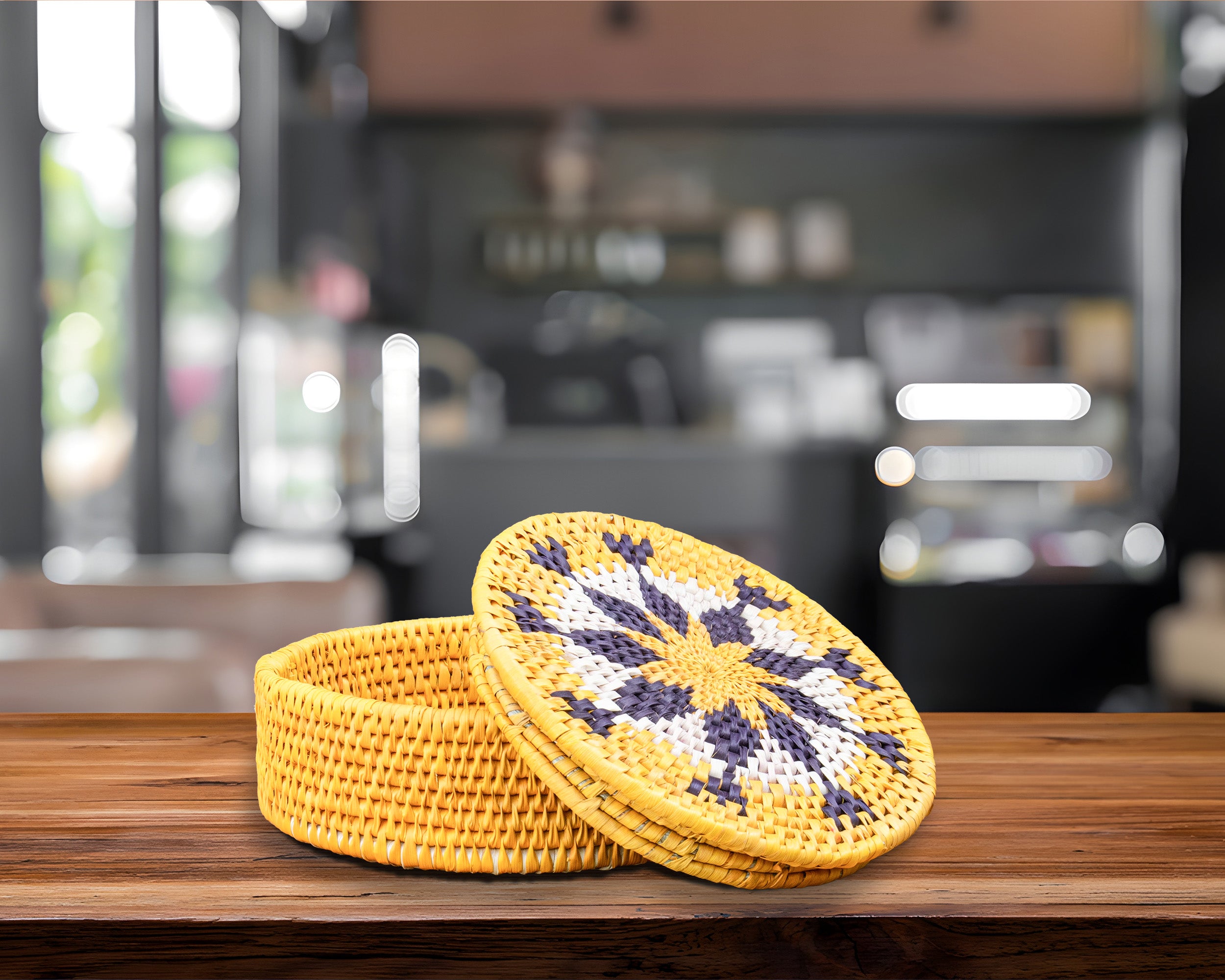 Handwoven Sunburst Mandala Basket with Lid
