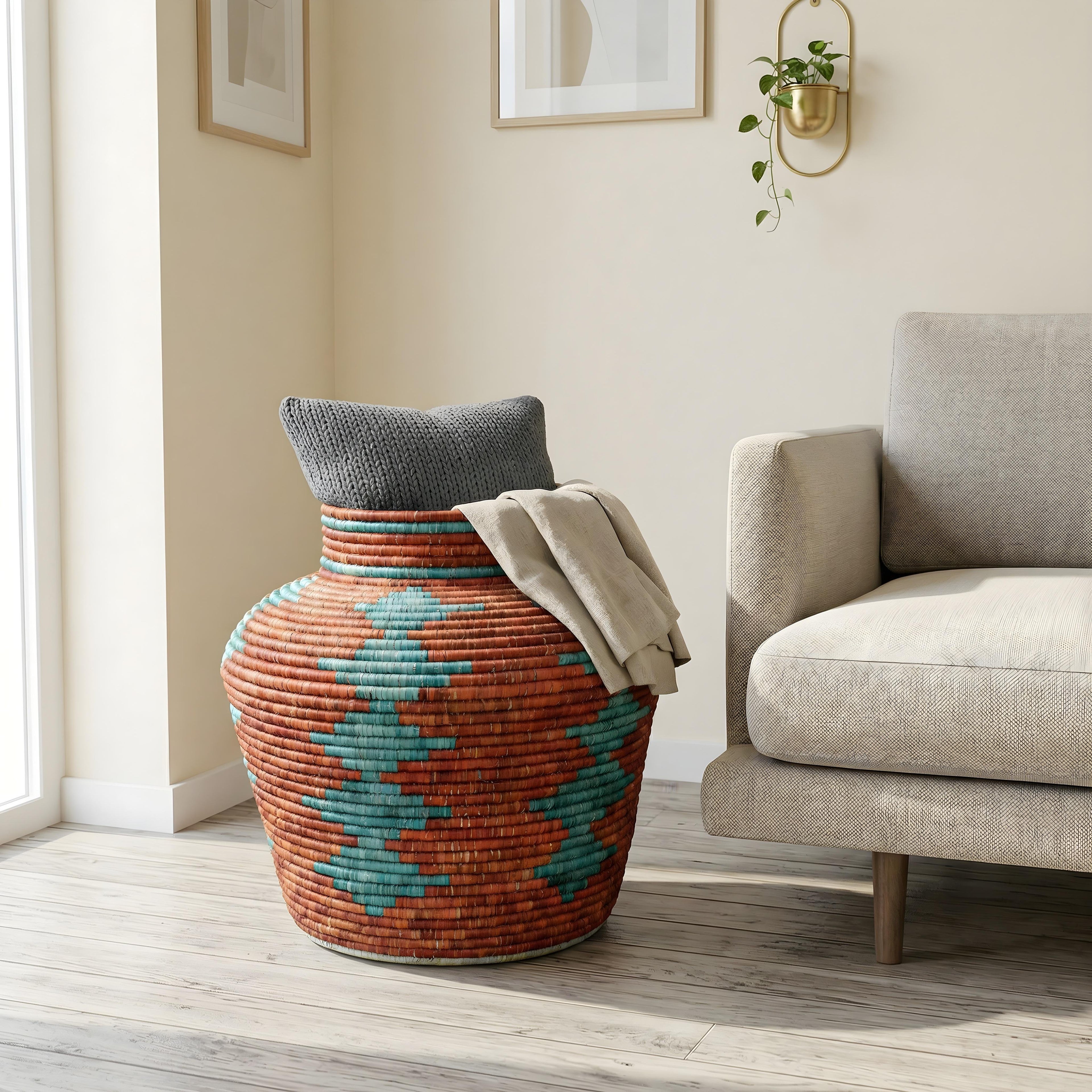 Large Handwoven Desert Turquoise Diamond Potter Basket