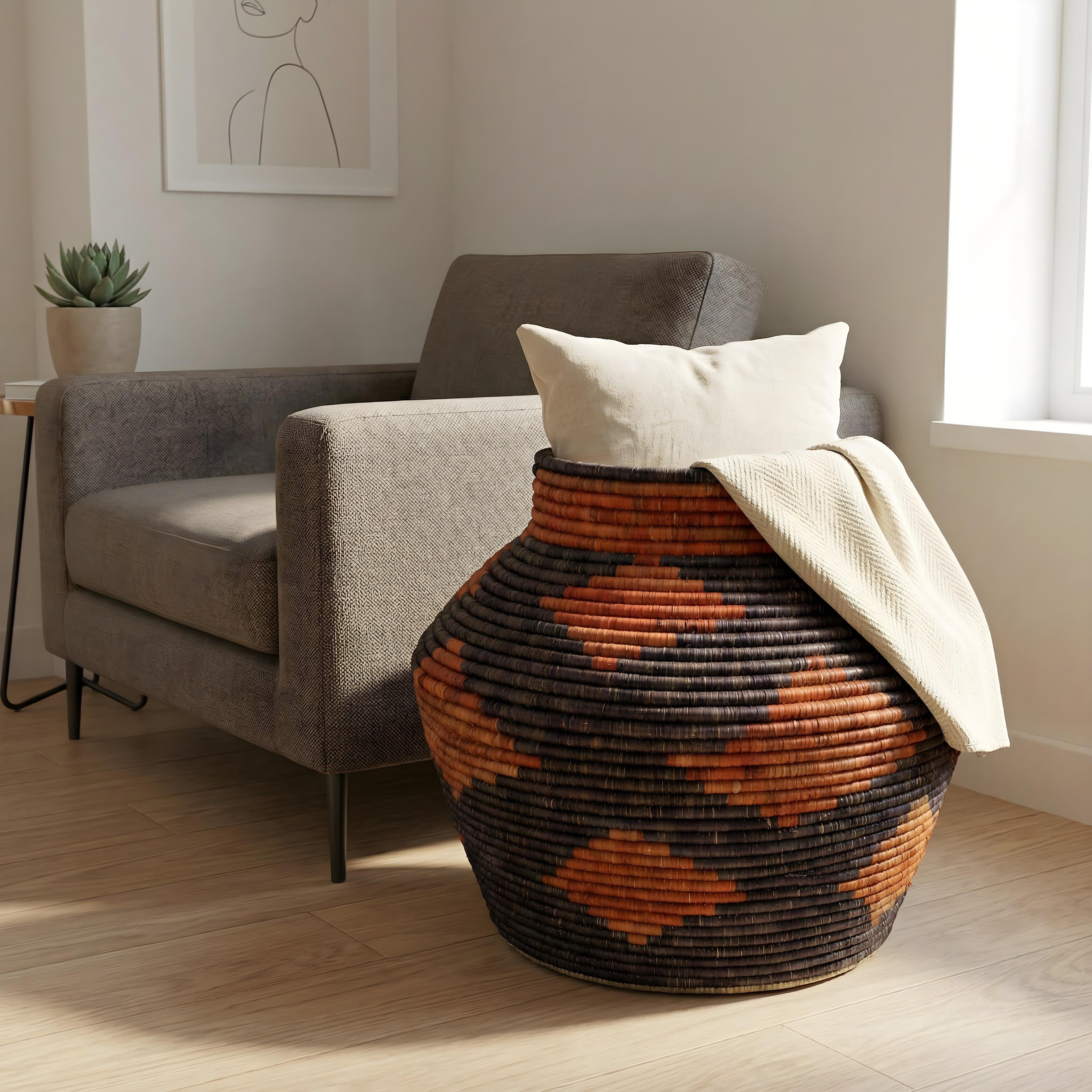 Charcoal Grey Burnt Orange Diamond Potter Basket