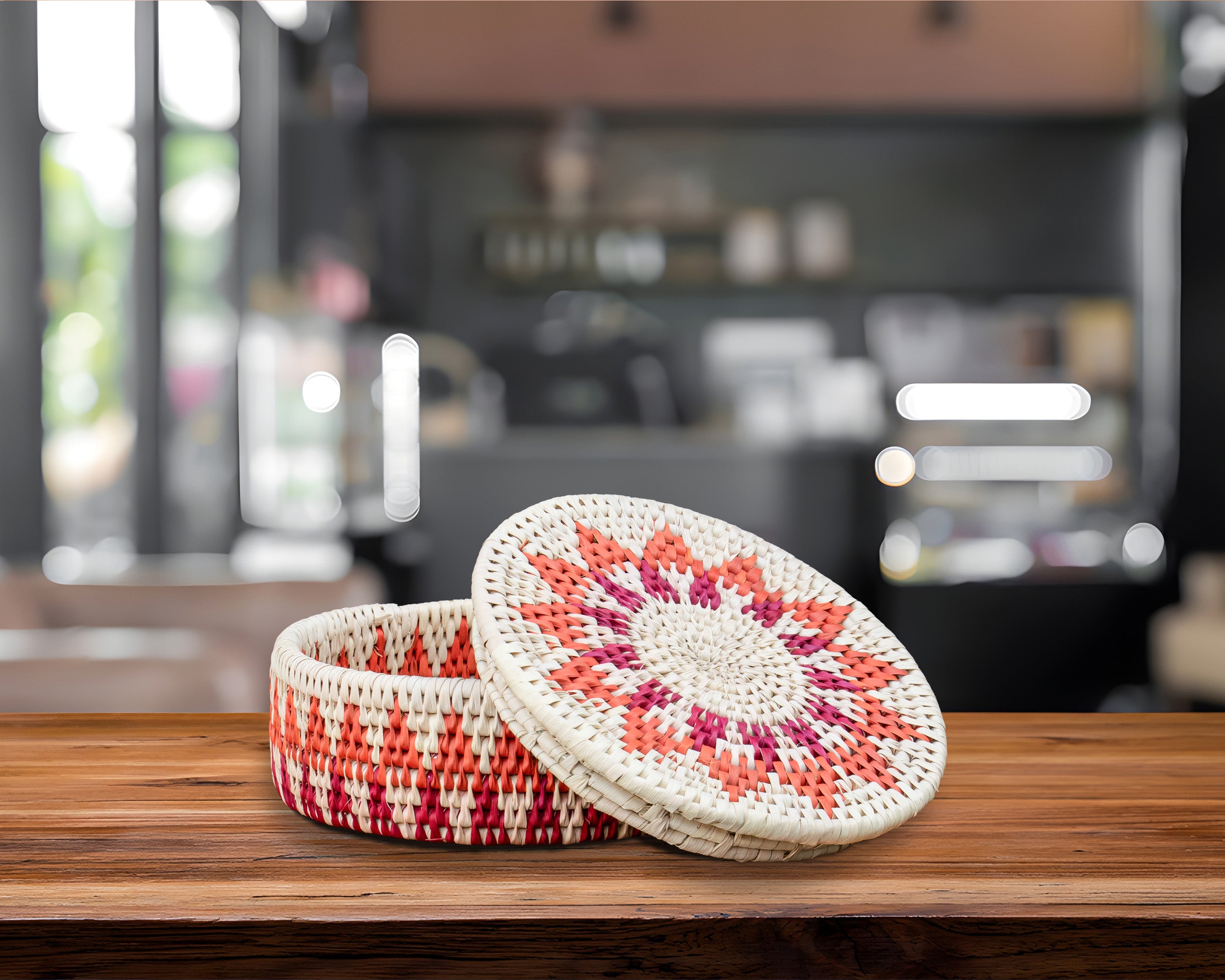 Handwoven Coral Pink Medallion Basket with Lid