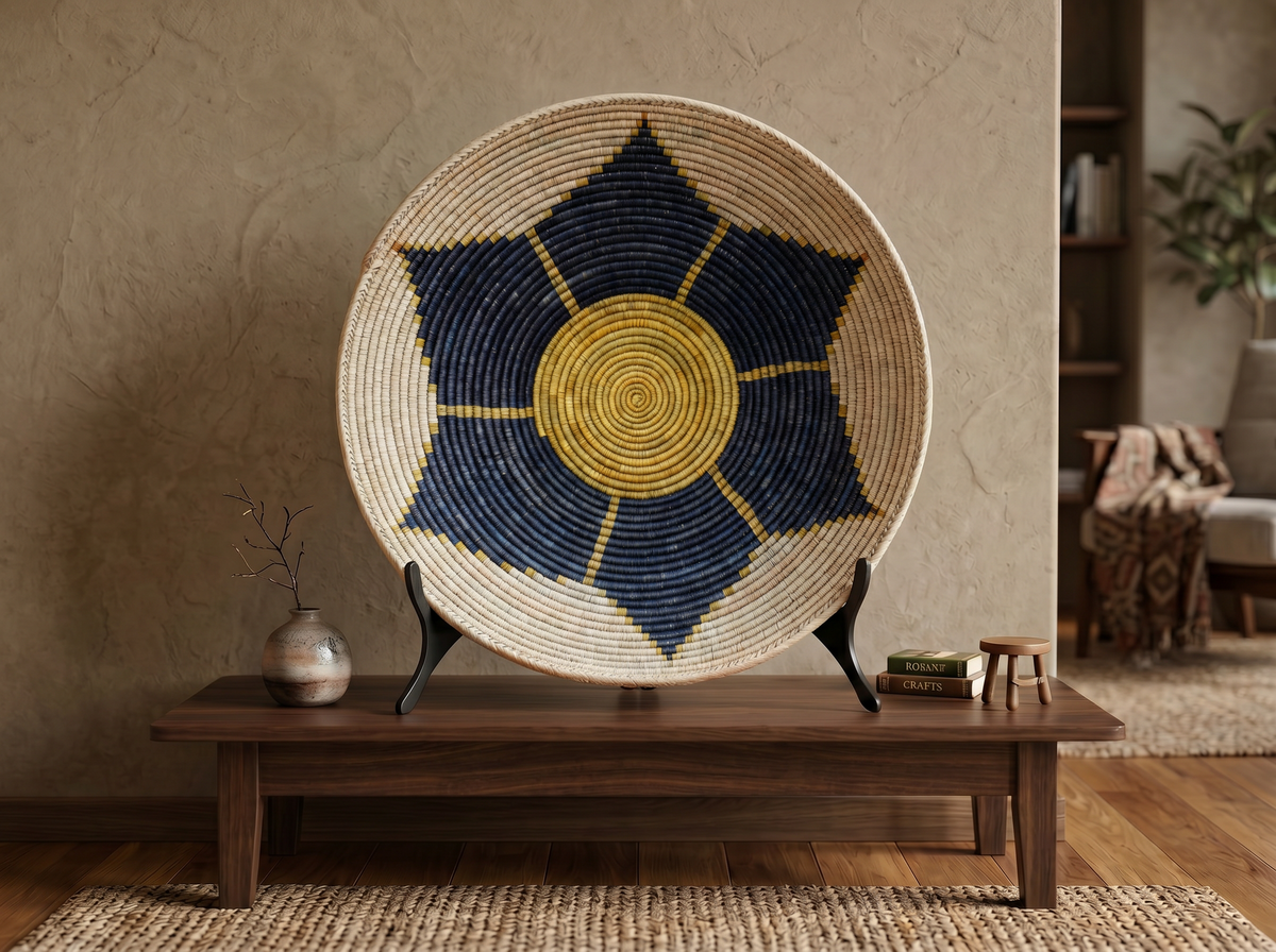 Night Lotus large woven wall basket, 28-inch, handwoven natural seagrass and palm leaf