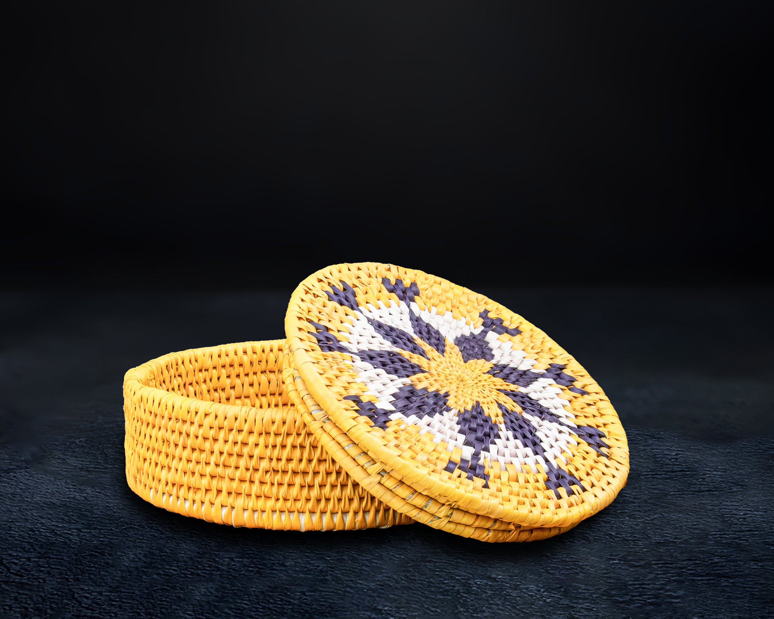 Handwoven Sunburst Mandala Basket with Lid