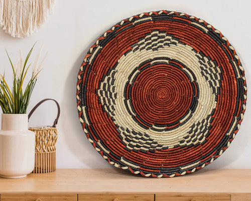 Petroglyph Mandala flat woven wall basket, 12-inch, handwoven natural seagrass and palm leaf