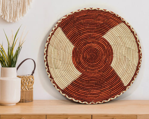 Ochre Thunder flat woven wall basket, 12-inch, handwoven natural seagrass and palm leaf