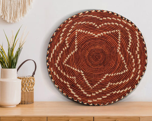 Ember Bloom flat woven wall basket, 12-inch, handwoven natural seagrass and palm leaf