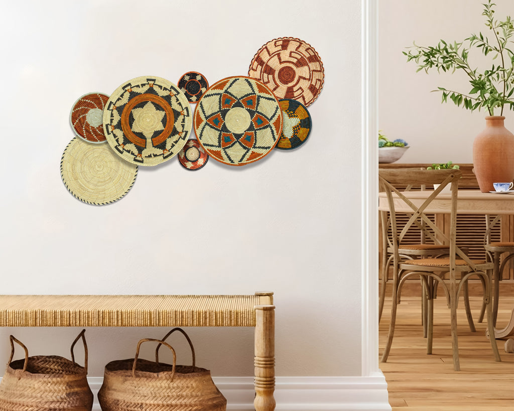 Boho wall basket set of 8, design 253, handwoven palm leaf baskets