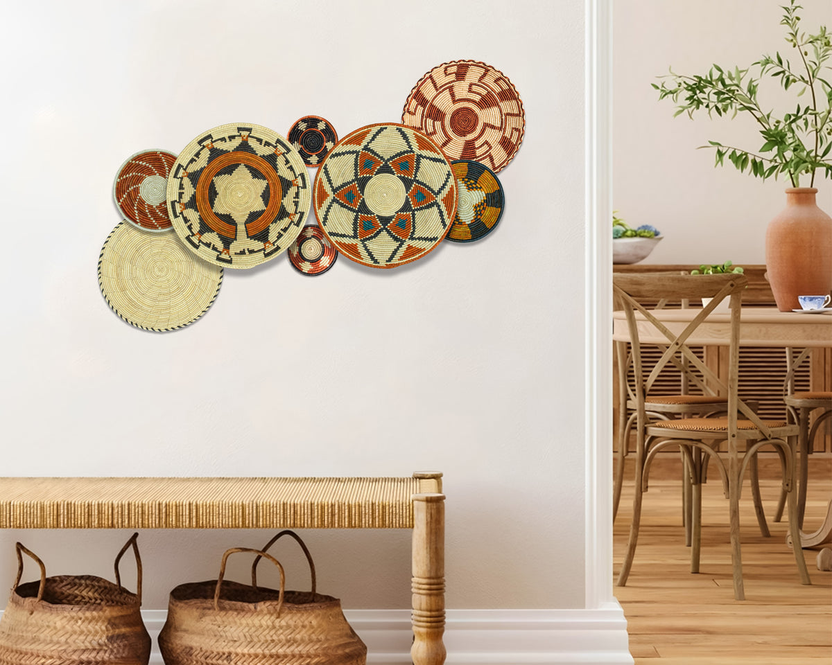 Boho wall basket set of 8, design 253, handwoven palm leaf baskets