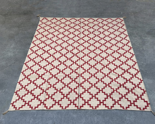 Red florence block Large Wool Dhurrie - 8x10 ft WD-042-80