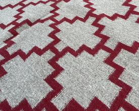 Red florence block Large Southwestern-Inspired Wool Dhurrie - 8x10 ft