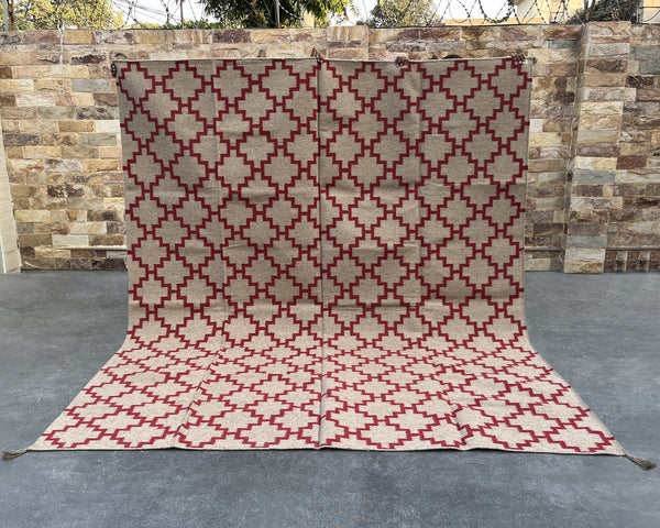 Red florence block Large Southwestern-Inspired Wool Dhurrie - 8x10 ft