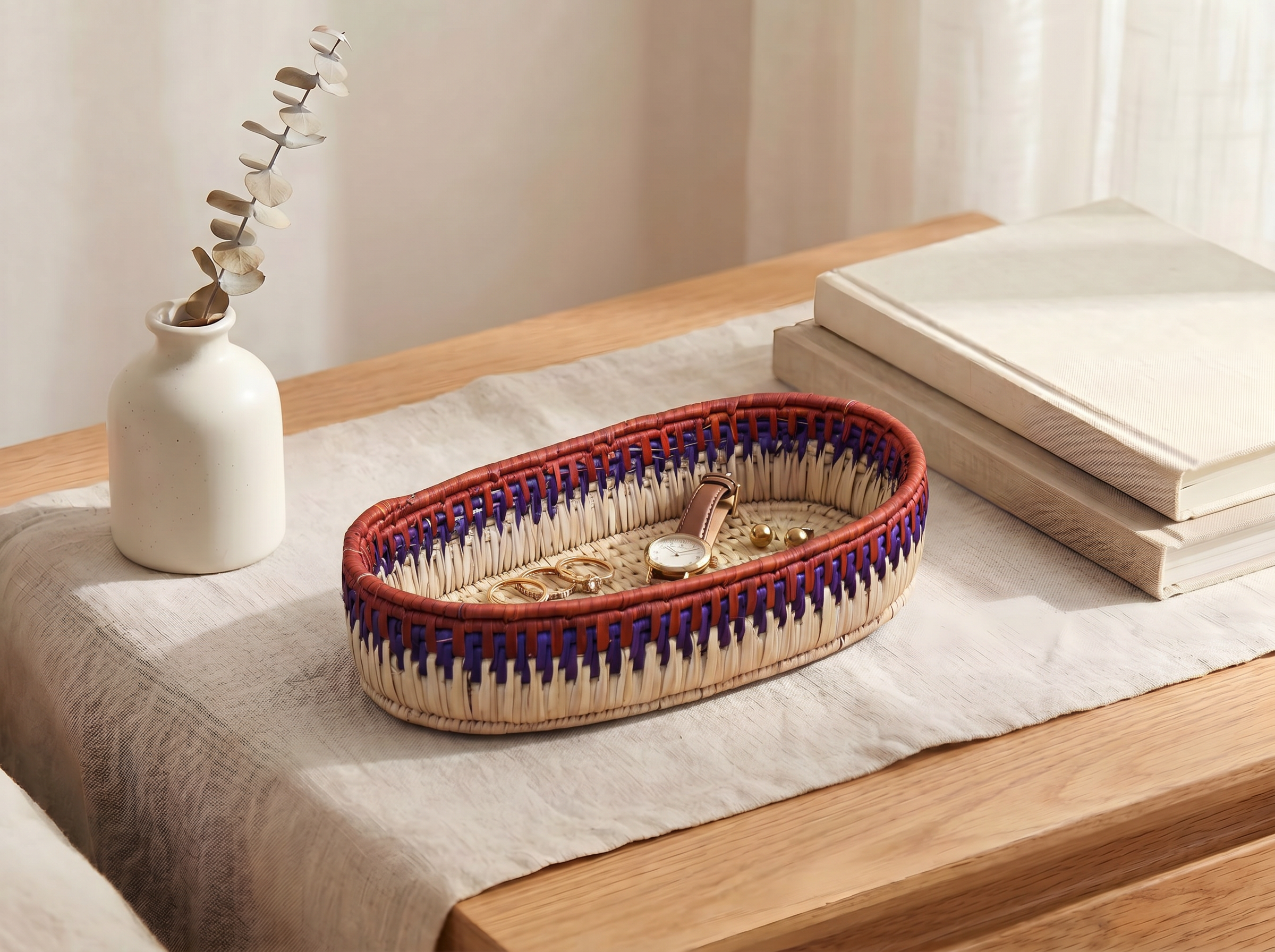 Red & Purple Handwoven Oval Tortilla Basket