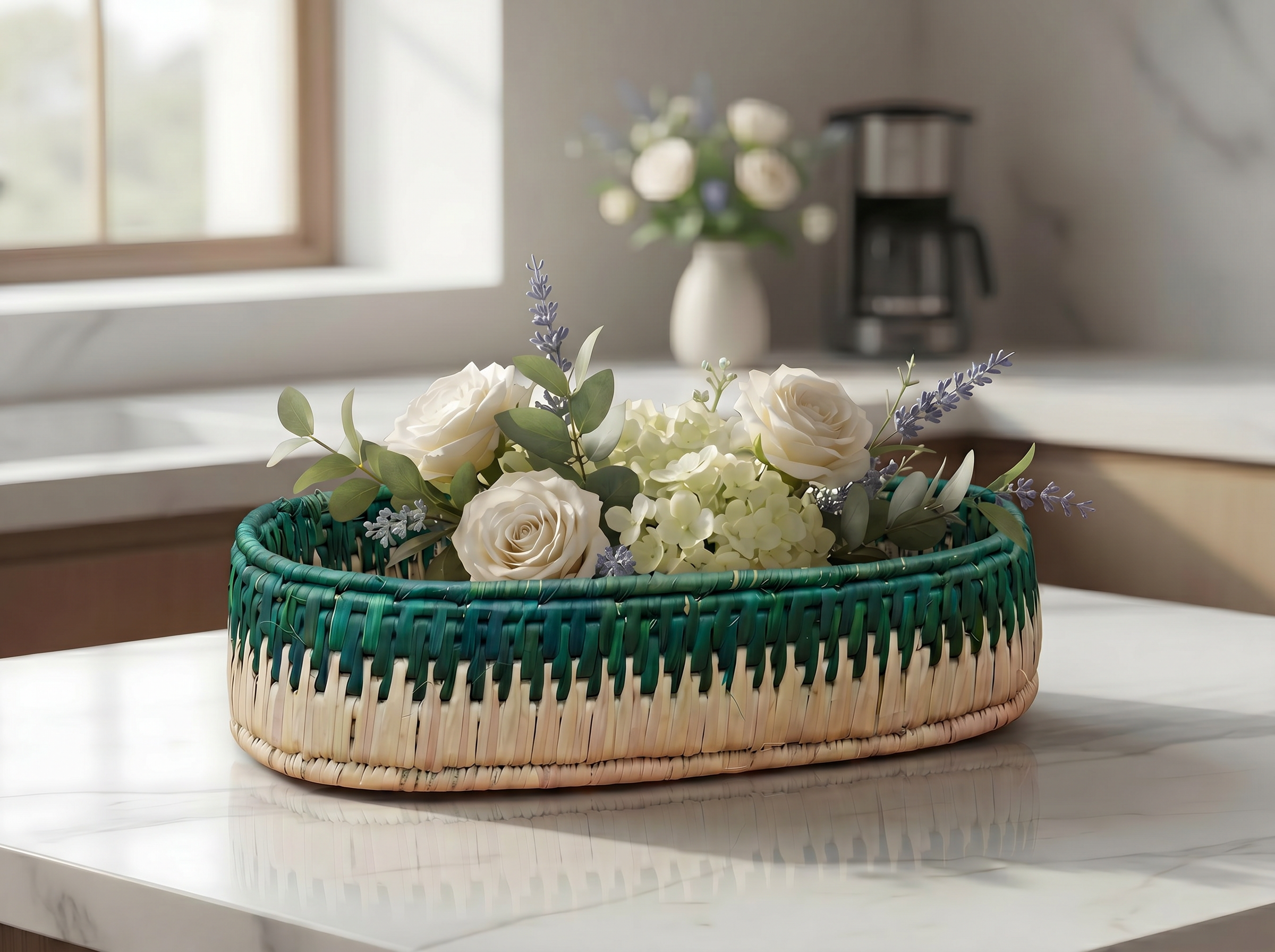 Beige & Green Handwoven Oval Tortilla Basket