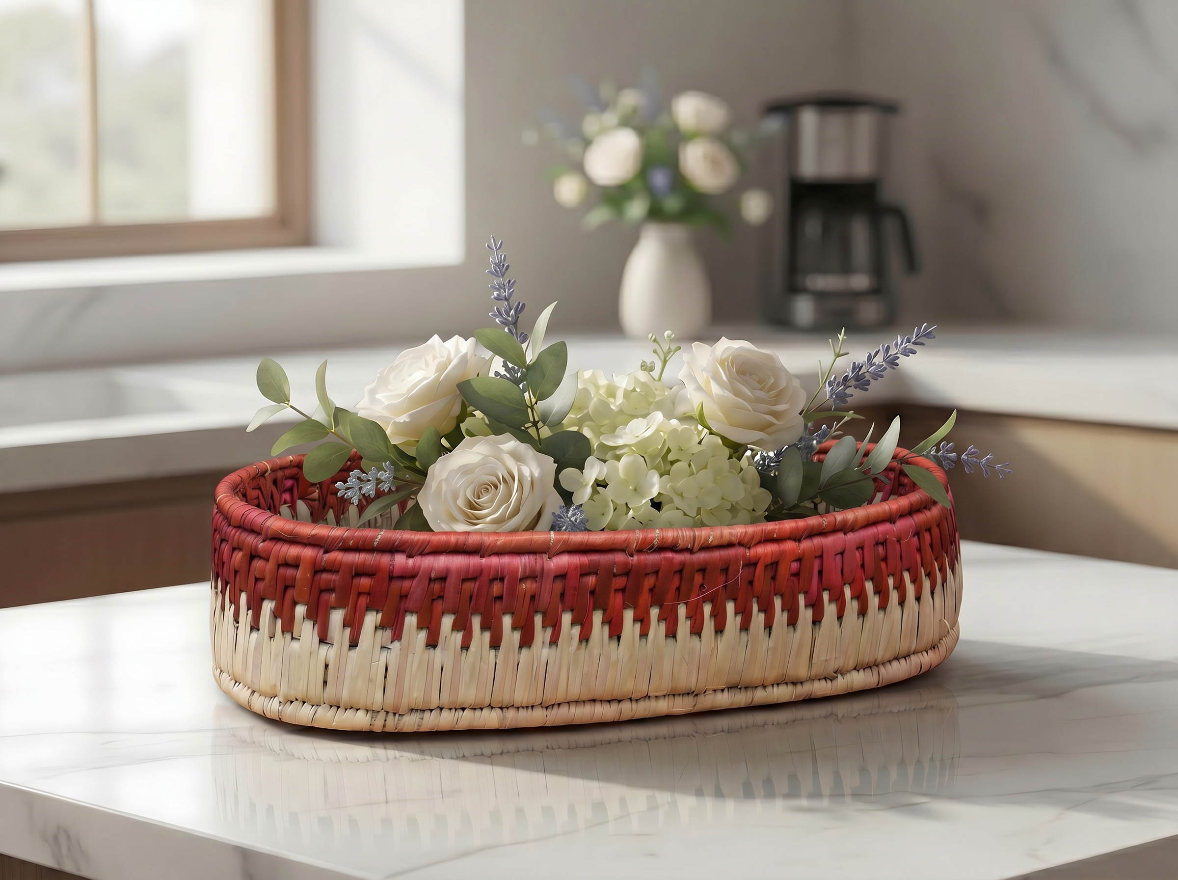 Red & Beige Handwoven Oval Tortilla Basket