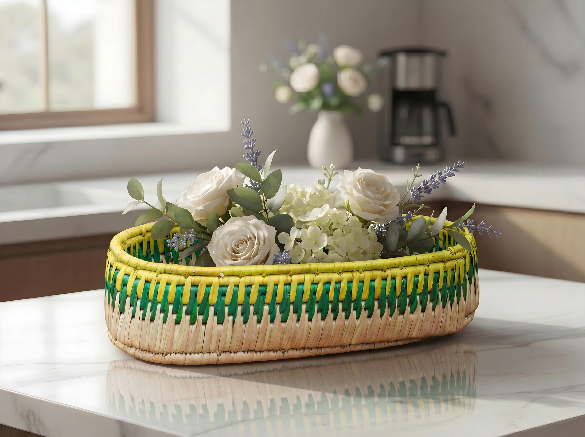 Yellow & Green Handwoven Oval Tortilla Basket