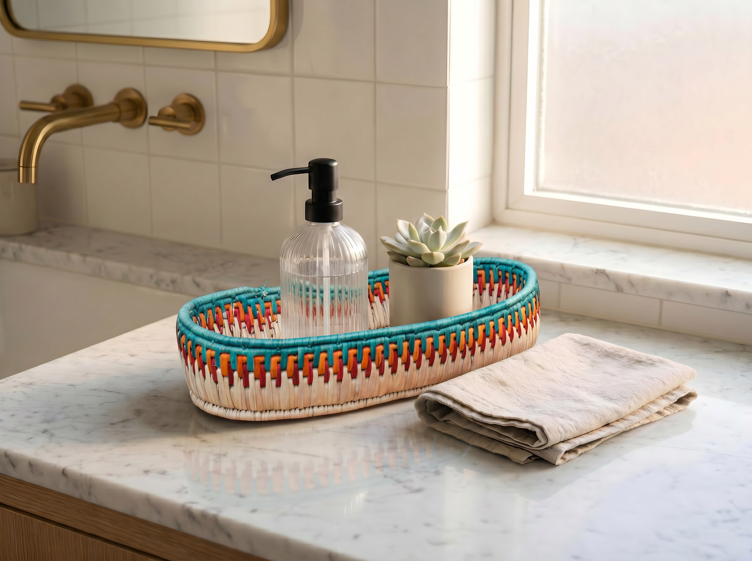 Green & Rust Handwoven Oval Tortilla Basket
