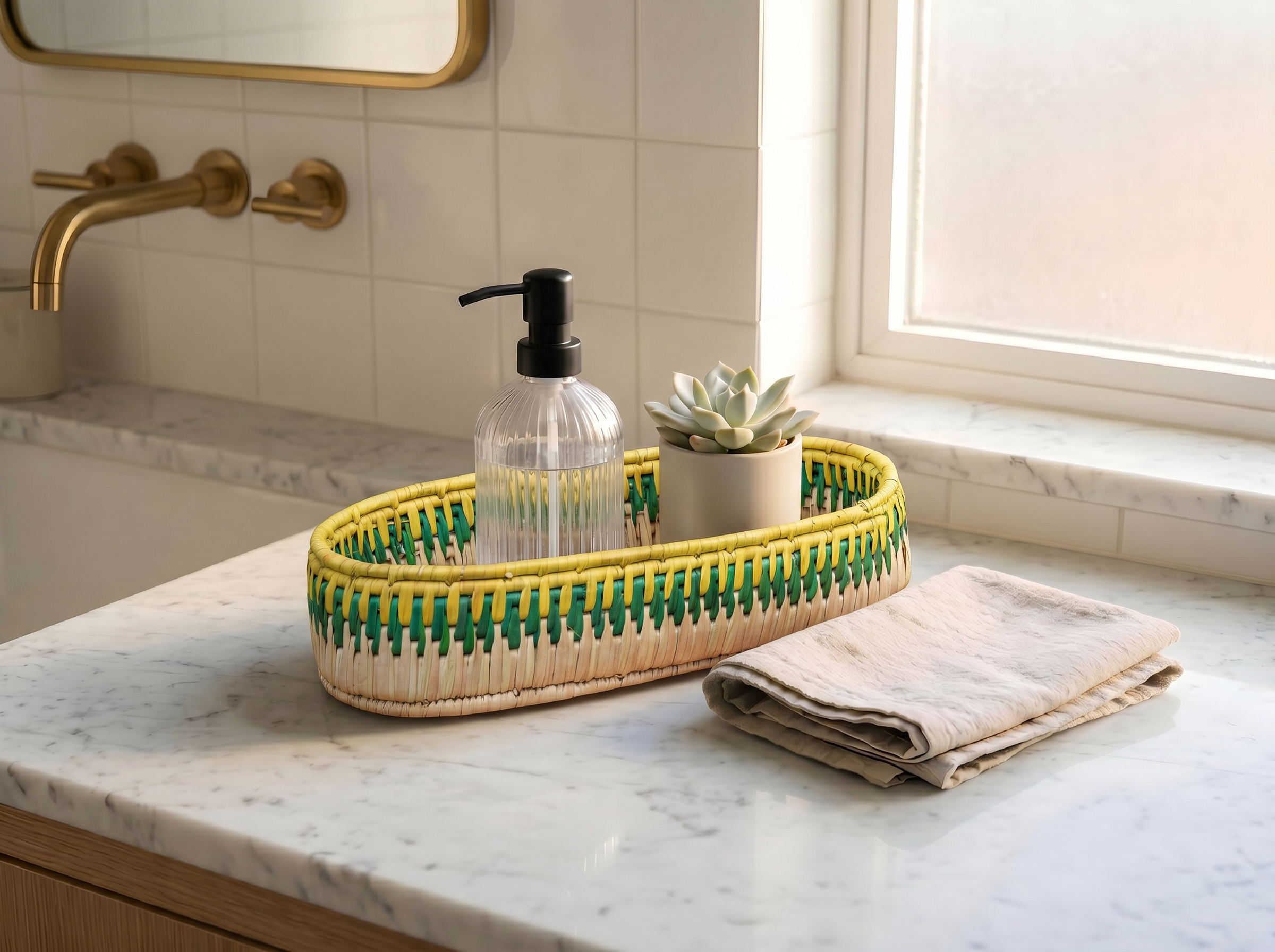 Yellow & Green Handwoven Oval Tortilla Basket
