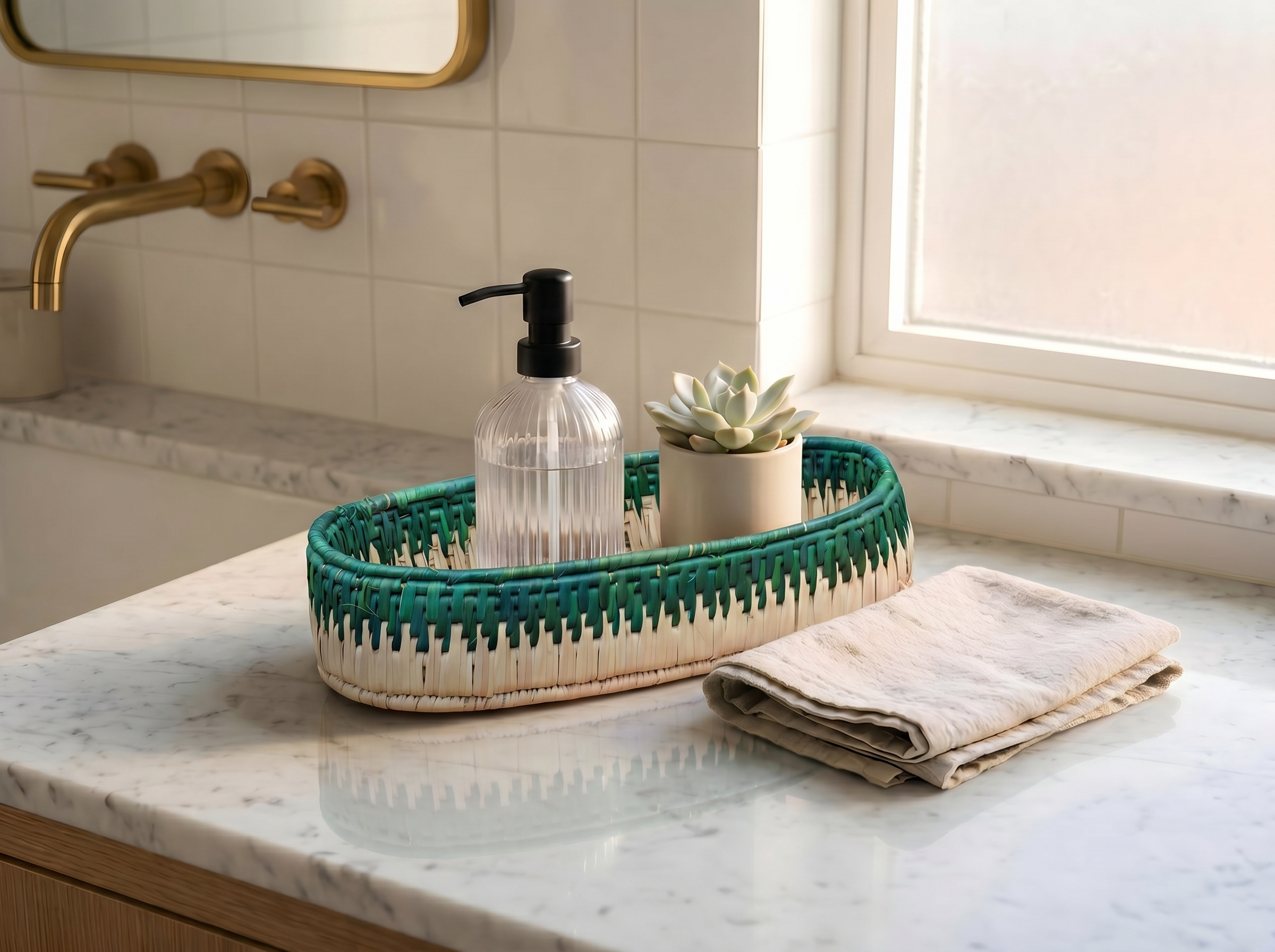 Beige & Green Handwoven Oval Tortilla Basket
