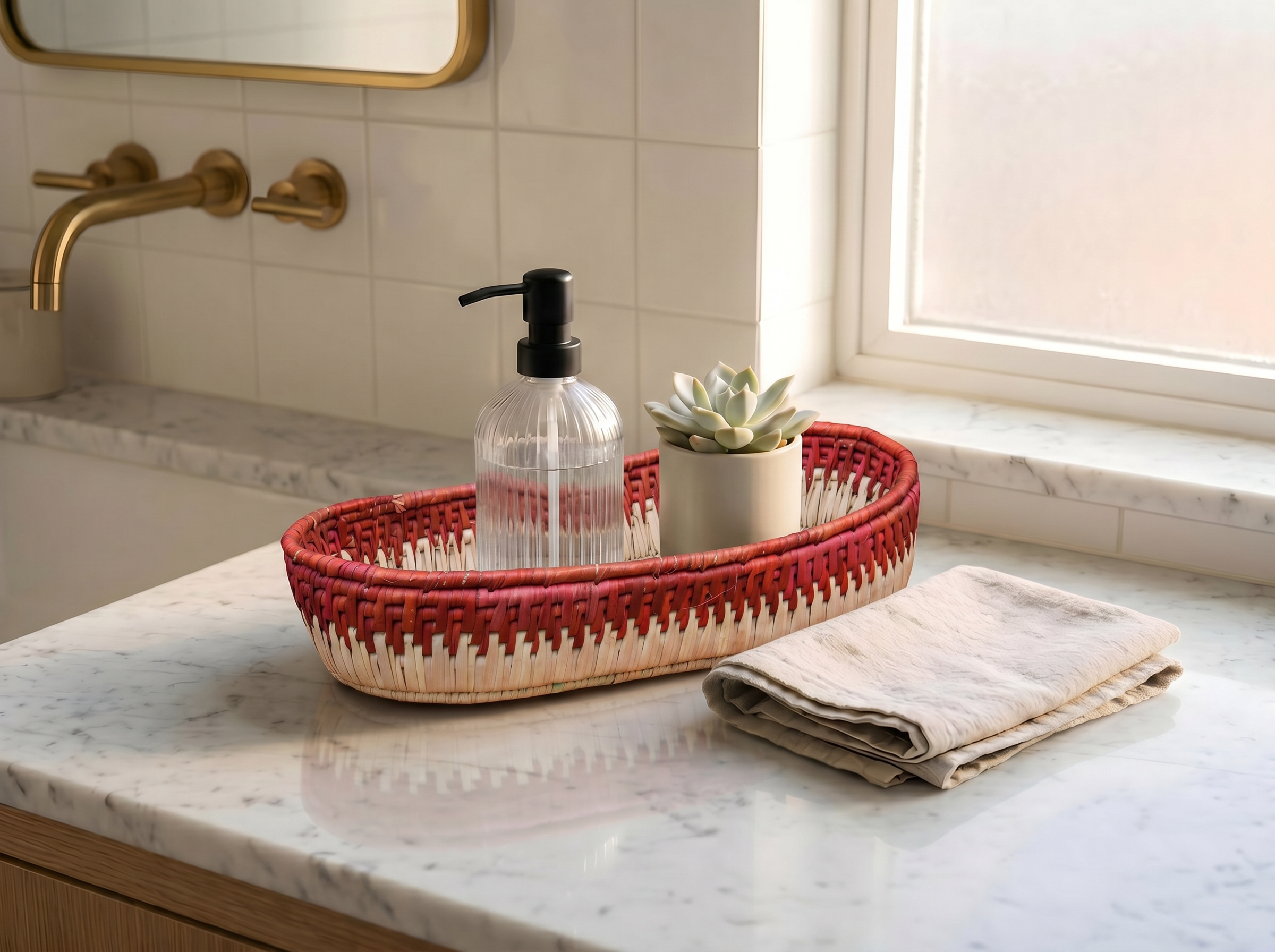 Red & Beige Handwoven Oval Tortilla Basket