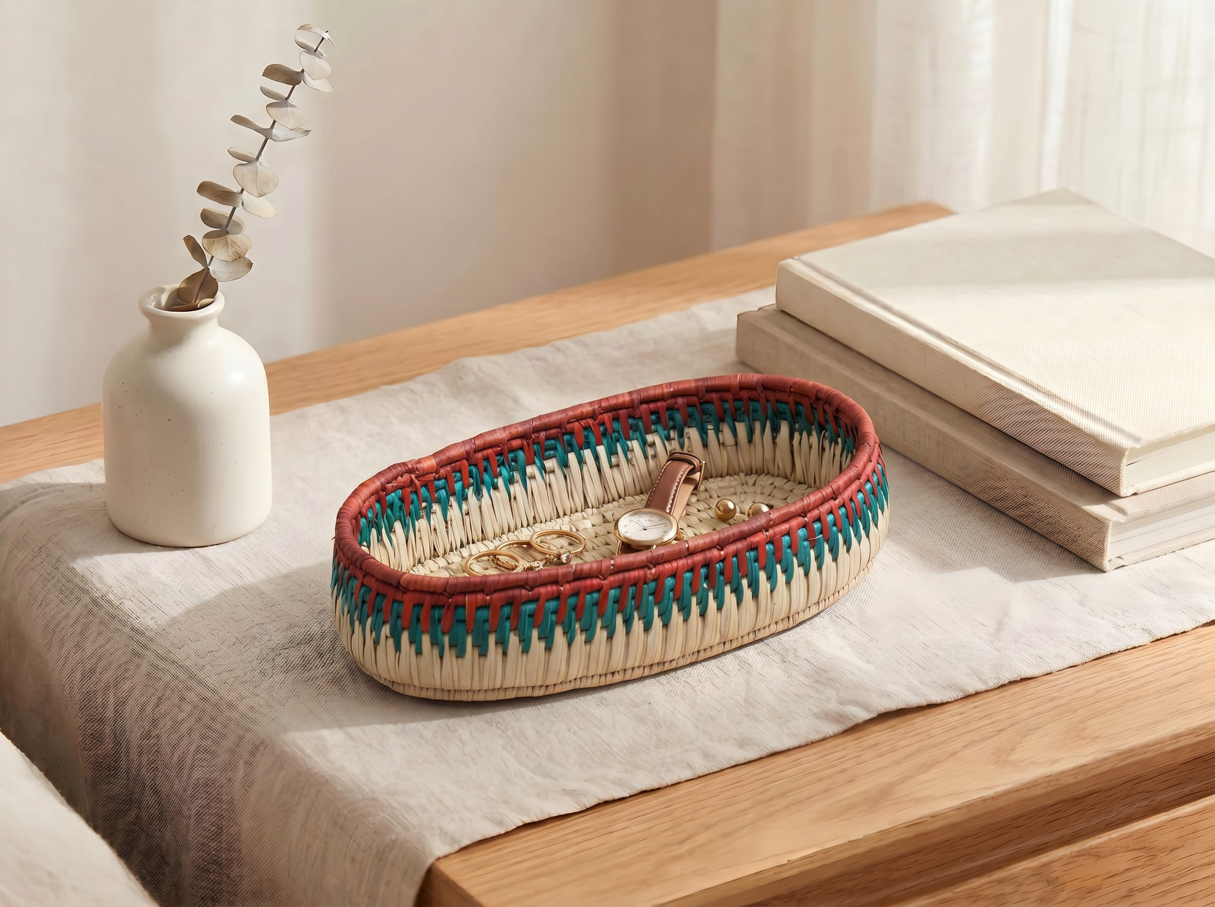 Red & Green Handwoven Oval Tortilla Basket