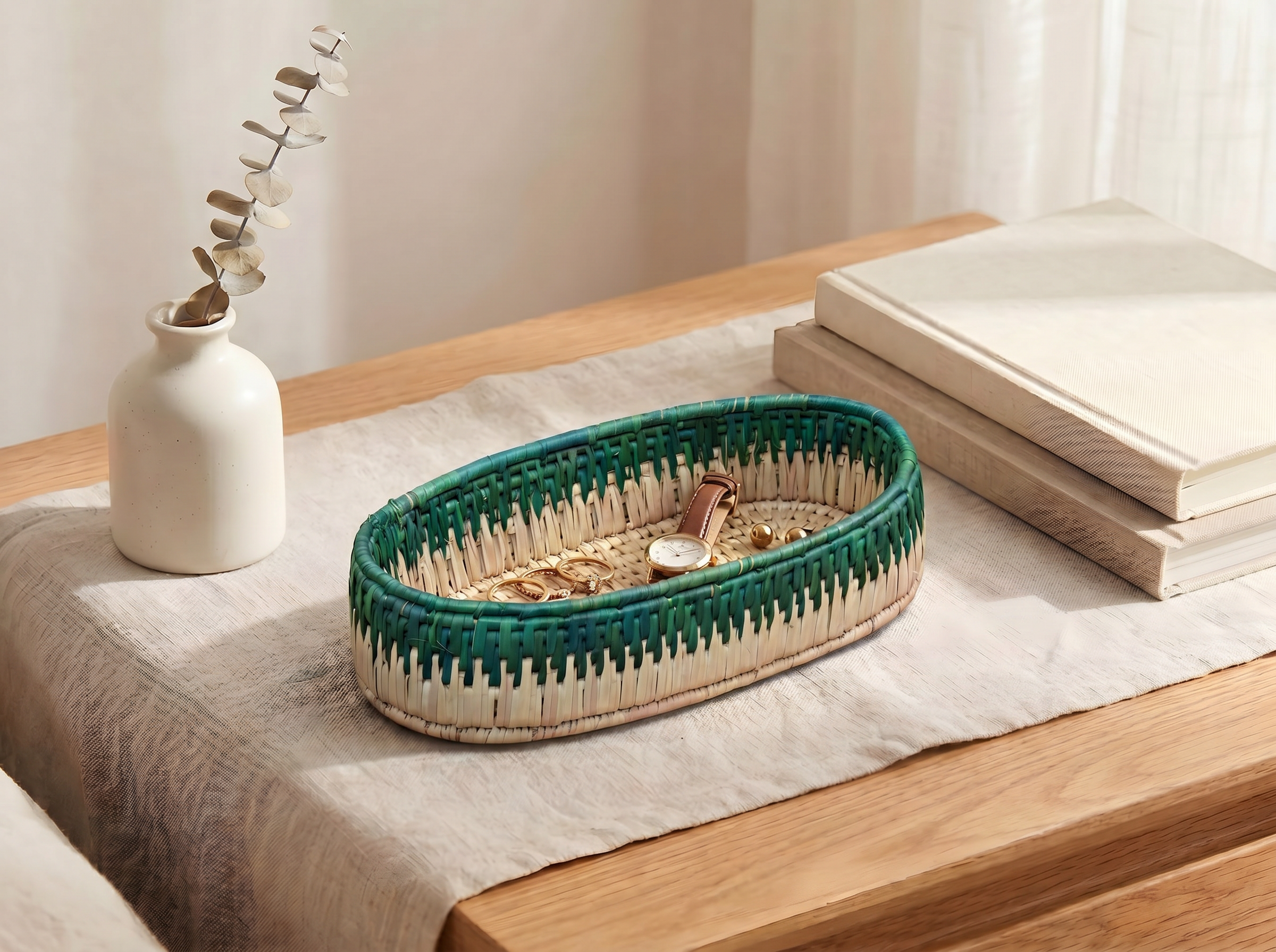 Beige & Green Handwoven Oval Tortilla Basket