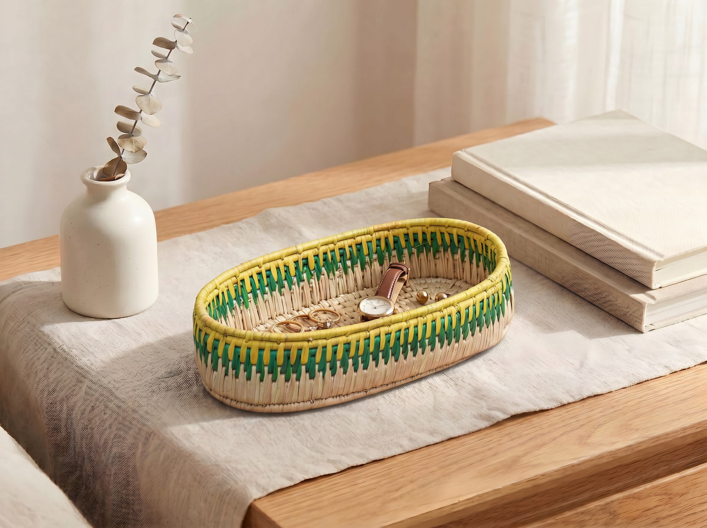 Yellow & Green Handwoven Oval Tortilla Basket