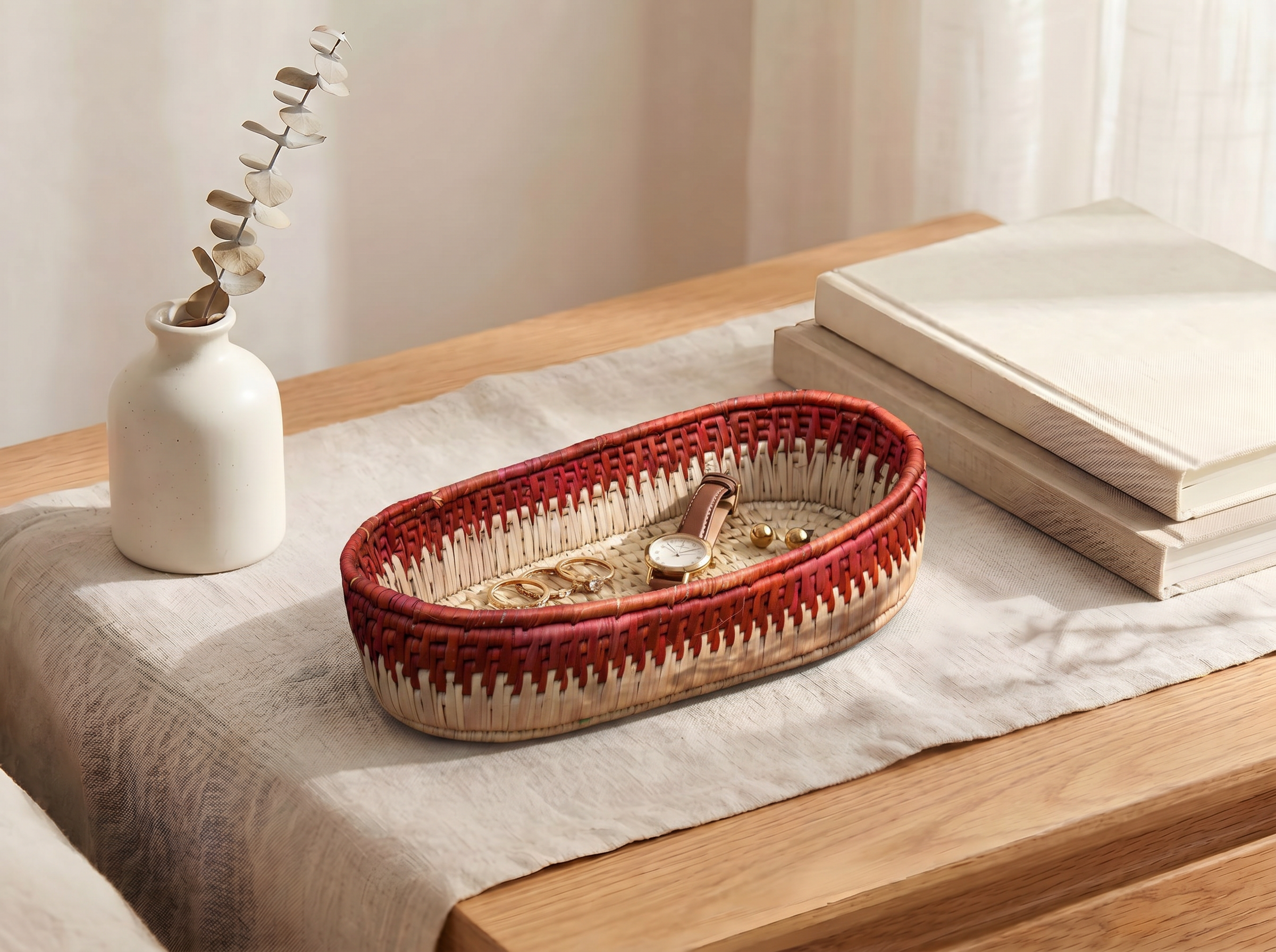Red & Beige Handwoven Oval Tortilla Basket