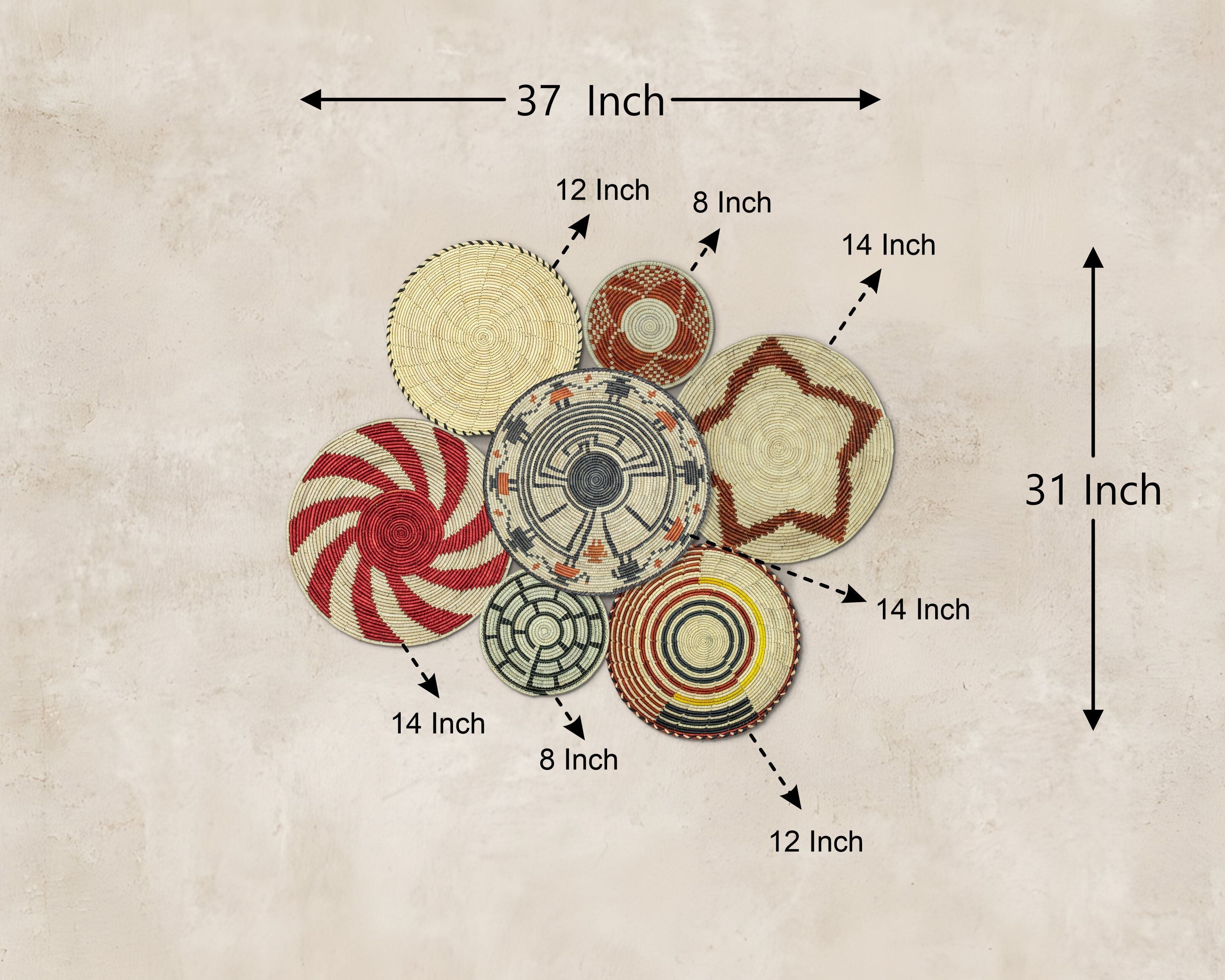 Set of 7 Handwoven wall baskets Set 33-7-N