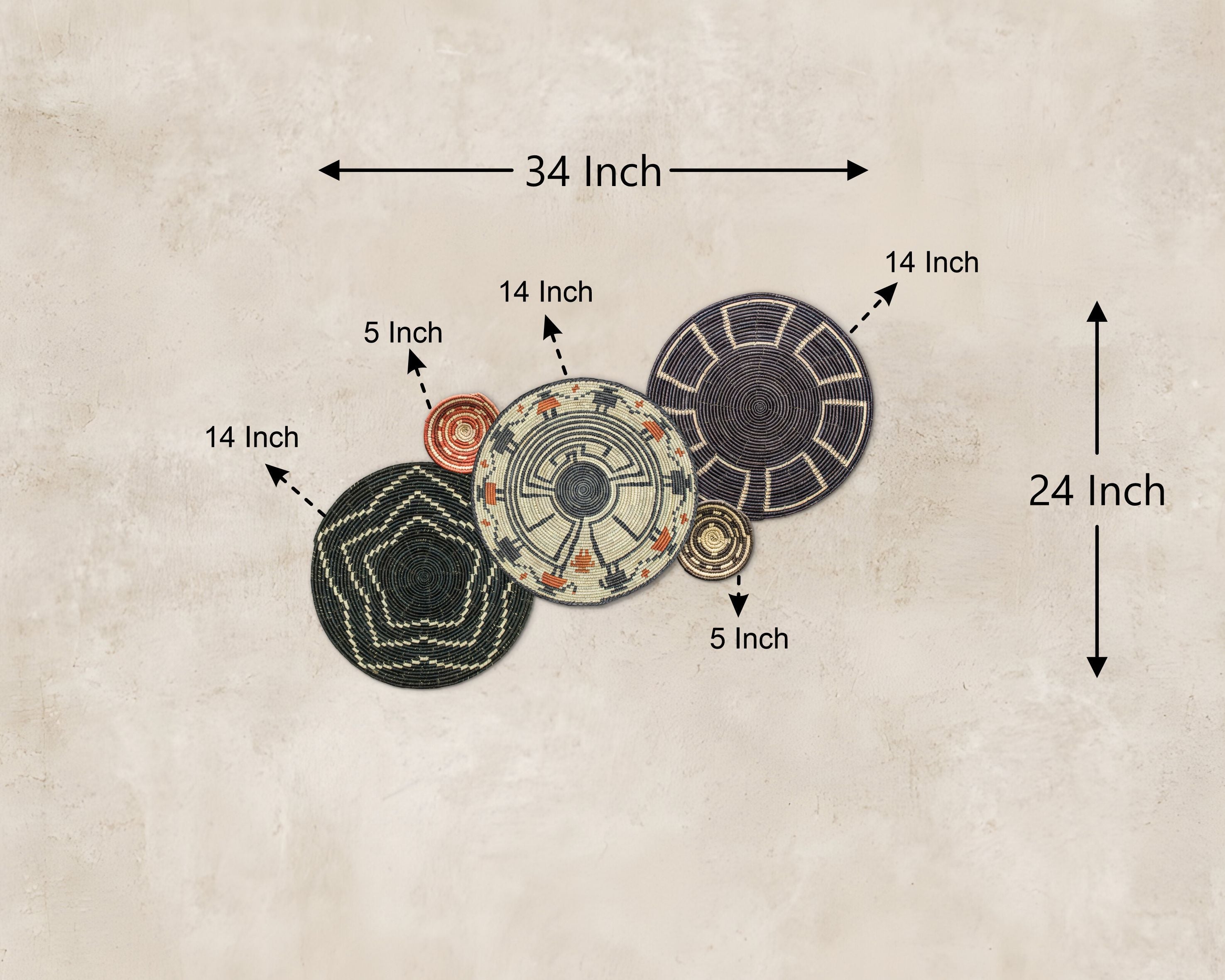 Set of 5 Handwoven wall baskets SET-61-5 N