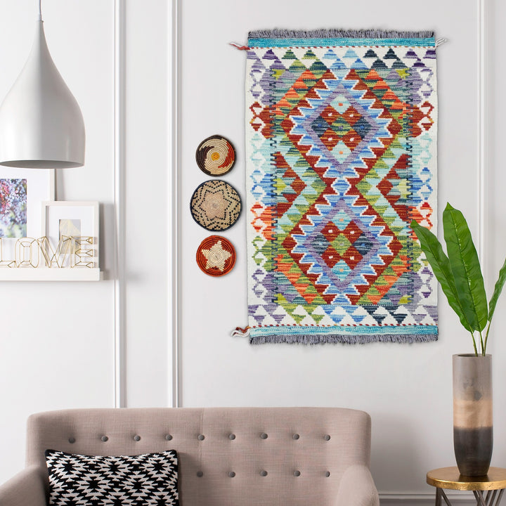 3x2 Afghan Kilim Rug with Handmade Wall Baskets | Wall Hanging Kilim & Basket Set | Unique Kilim Wall Decor