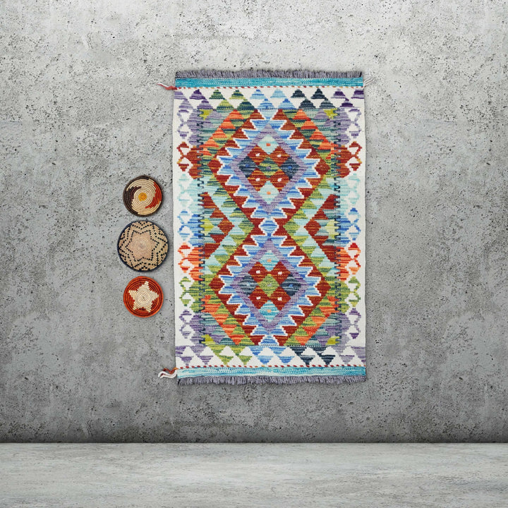 3x2 Afghan Kilim Rug with Handmade Wall Baskets | Wall Hanging Kilim & Basket Set | Unique Kilim Wall Decor