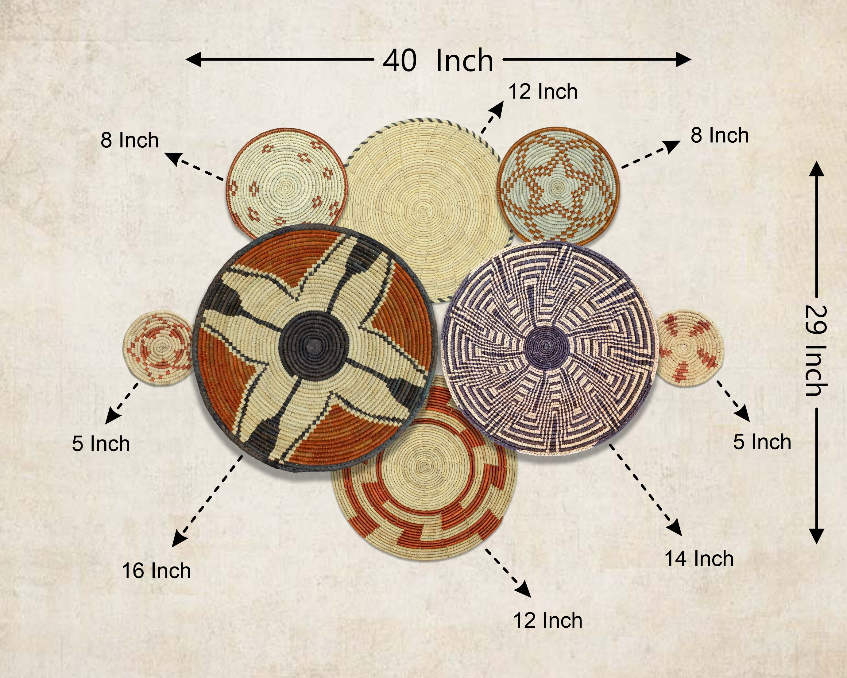 Set of 8 Handwoven wall baskets SET-358-8 N