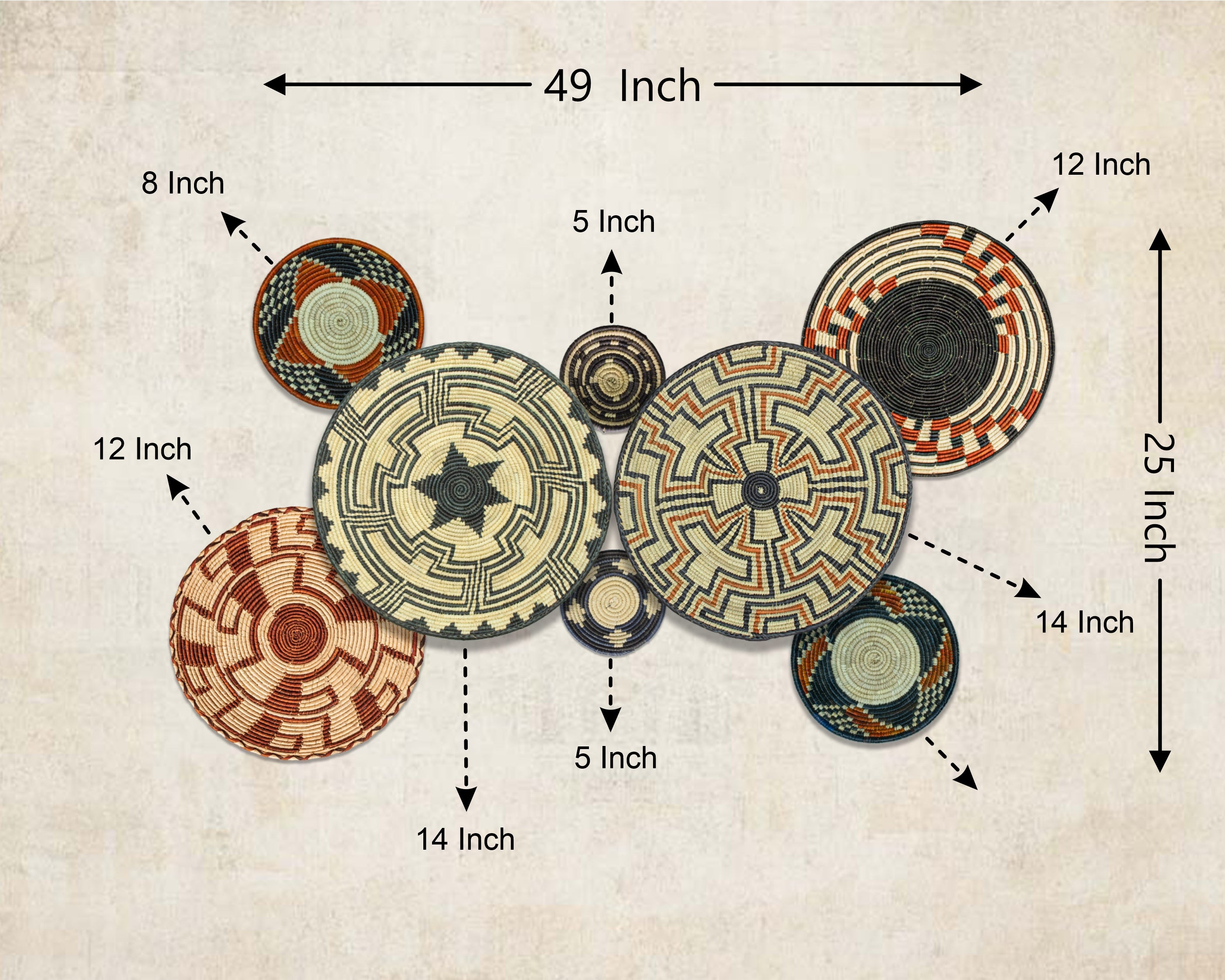 Set of 8 Handwoven wall baskets SET-254-8 N