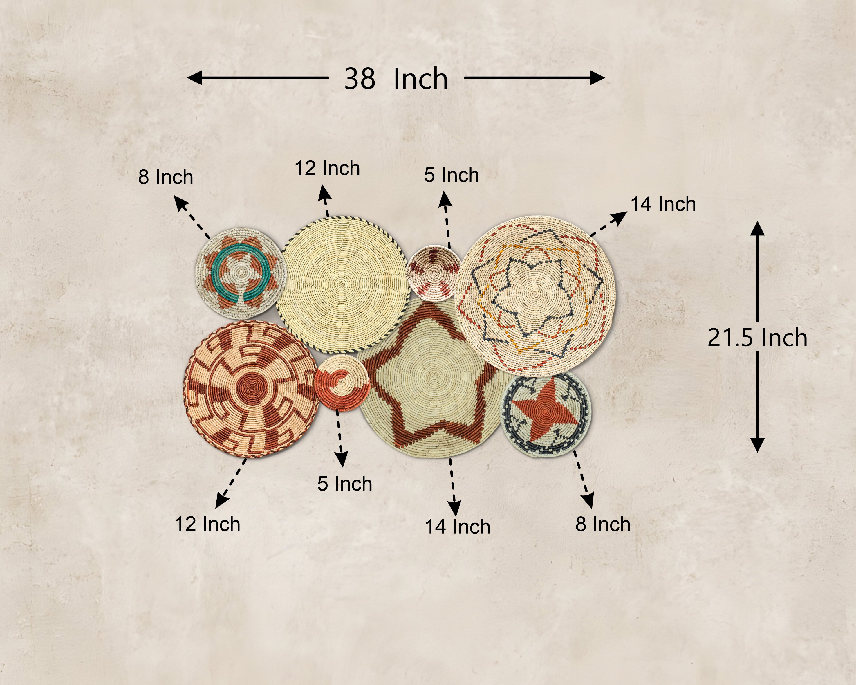 Set of 8 Handwoven wall baskets SET-246-8 N