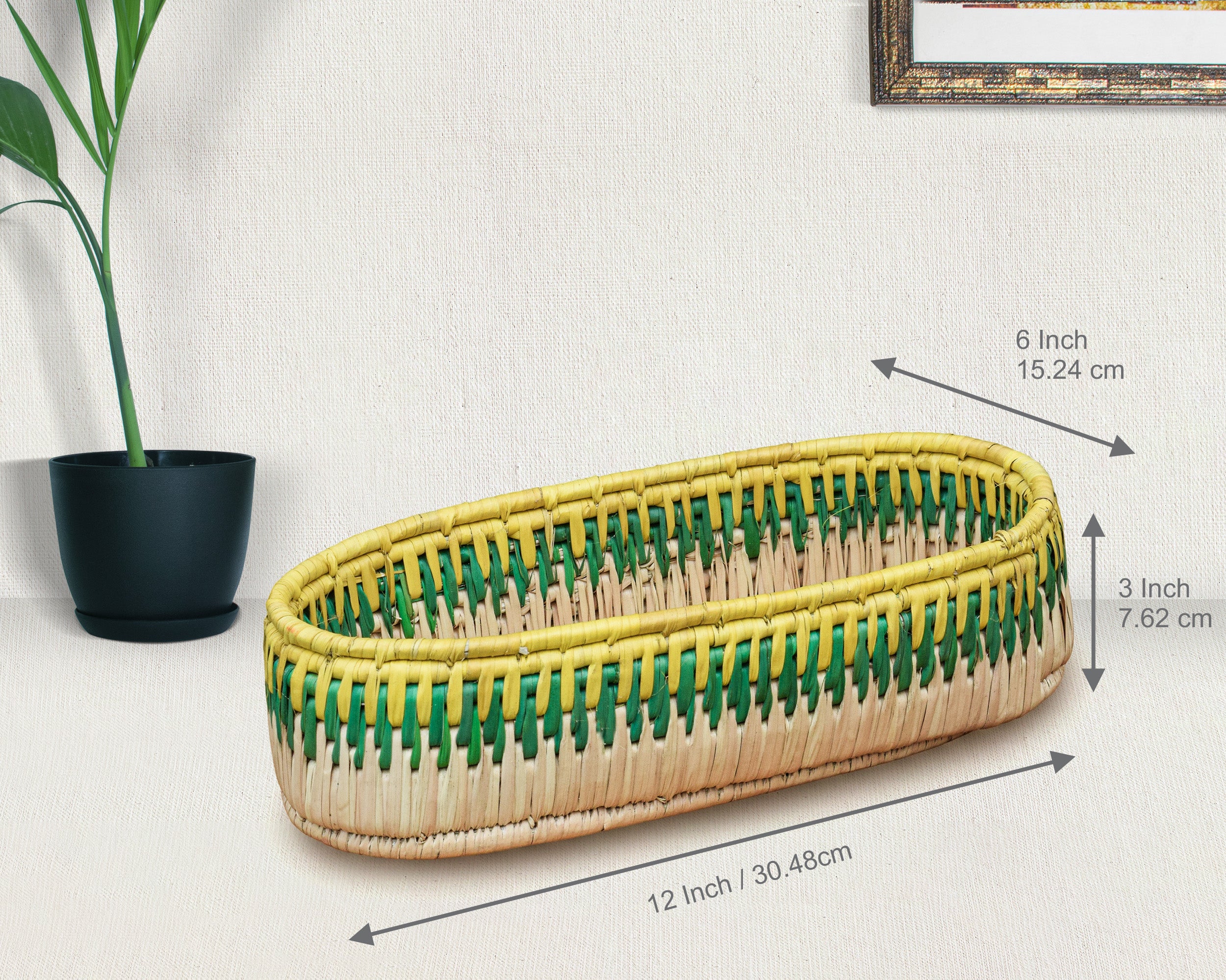 Yellow & Green Handwoven Oval Tortilla Basket