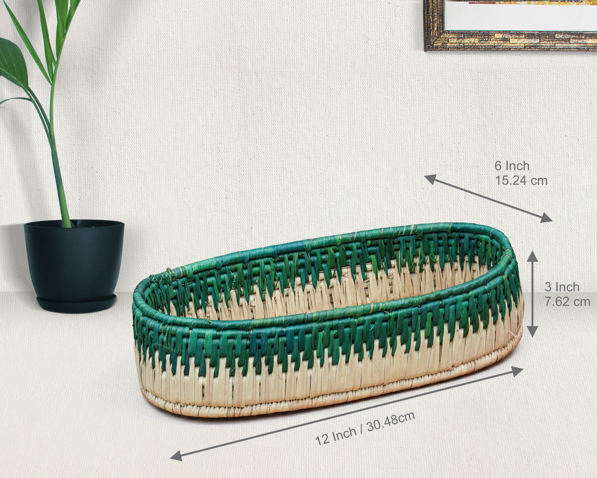Beige & Green Handwoven Oval Tortilla Basket
