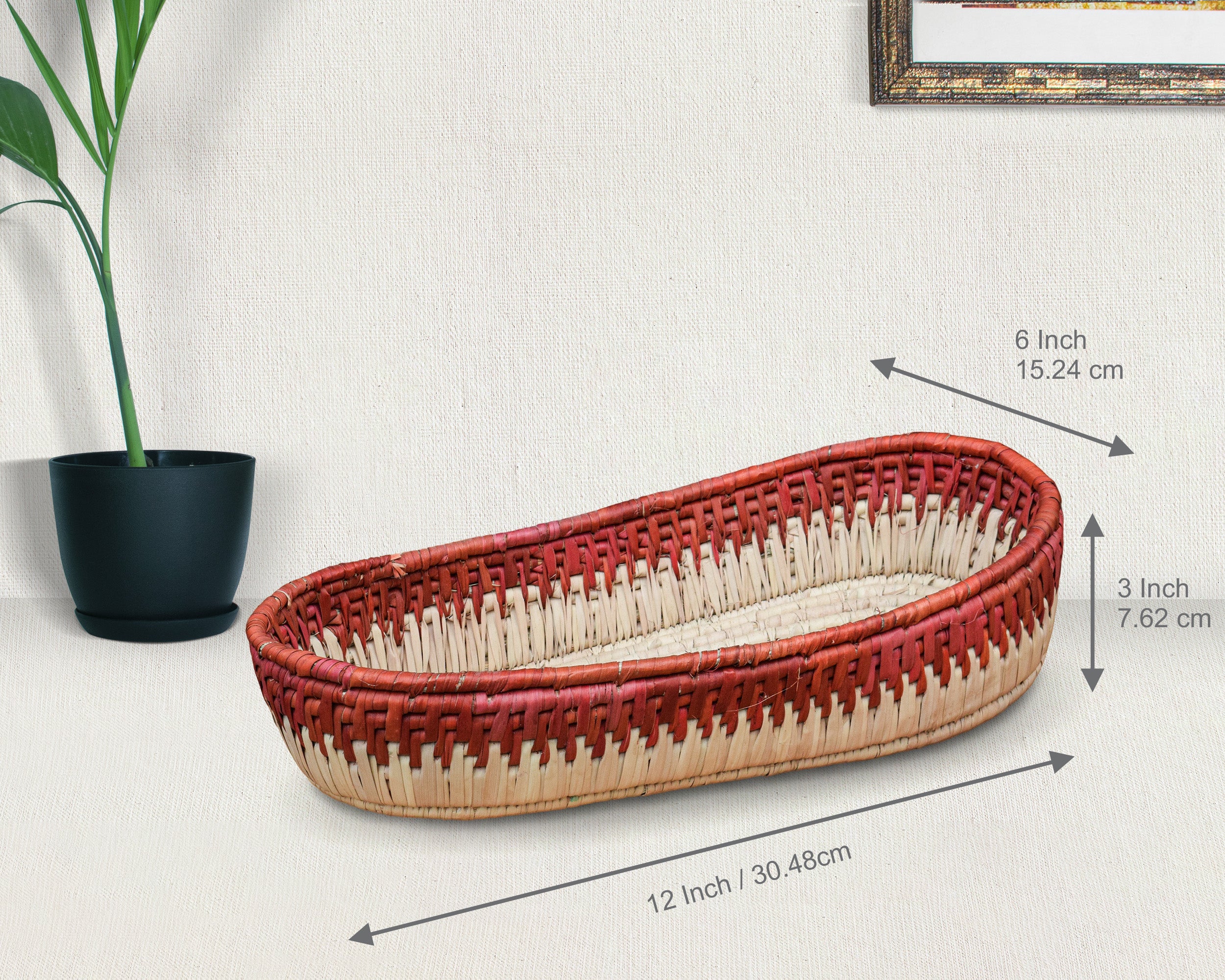 Red & Beige Handwoven Oval Tortilla Basket