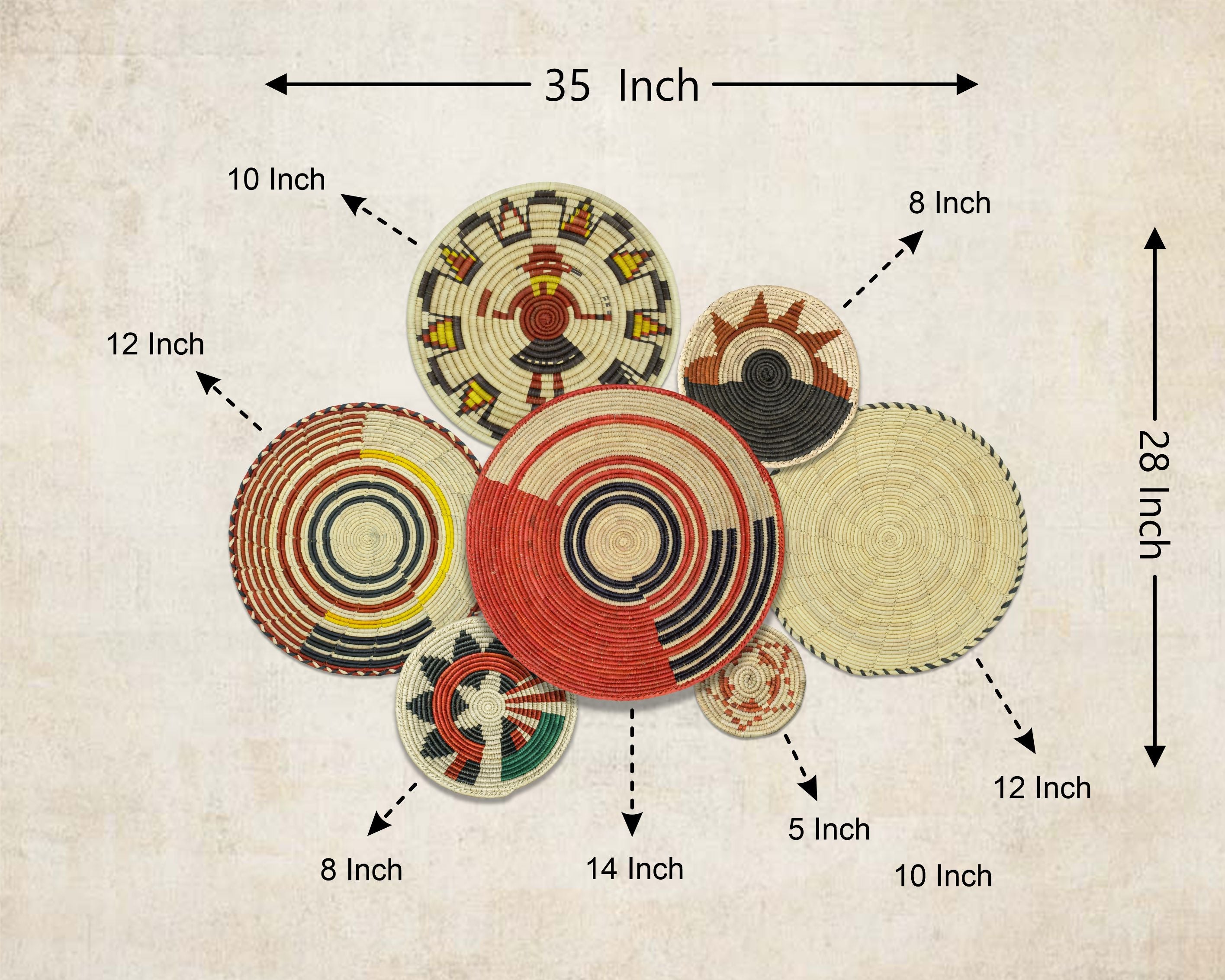 Set of 7 Handwoven wall baskets Set 317-7-N