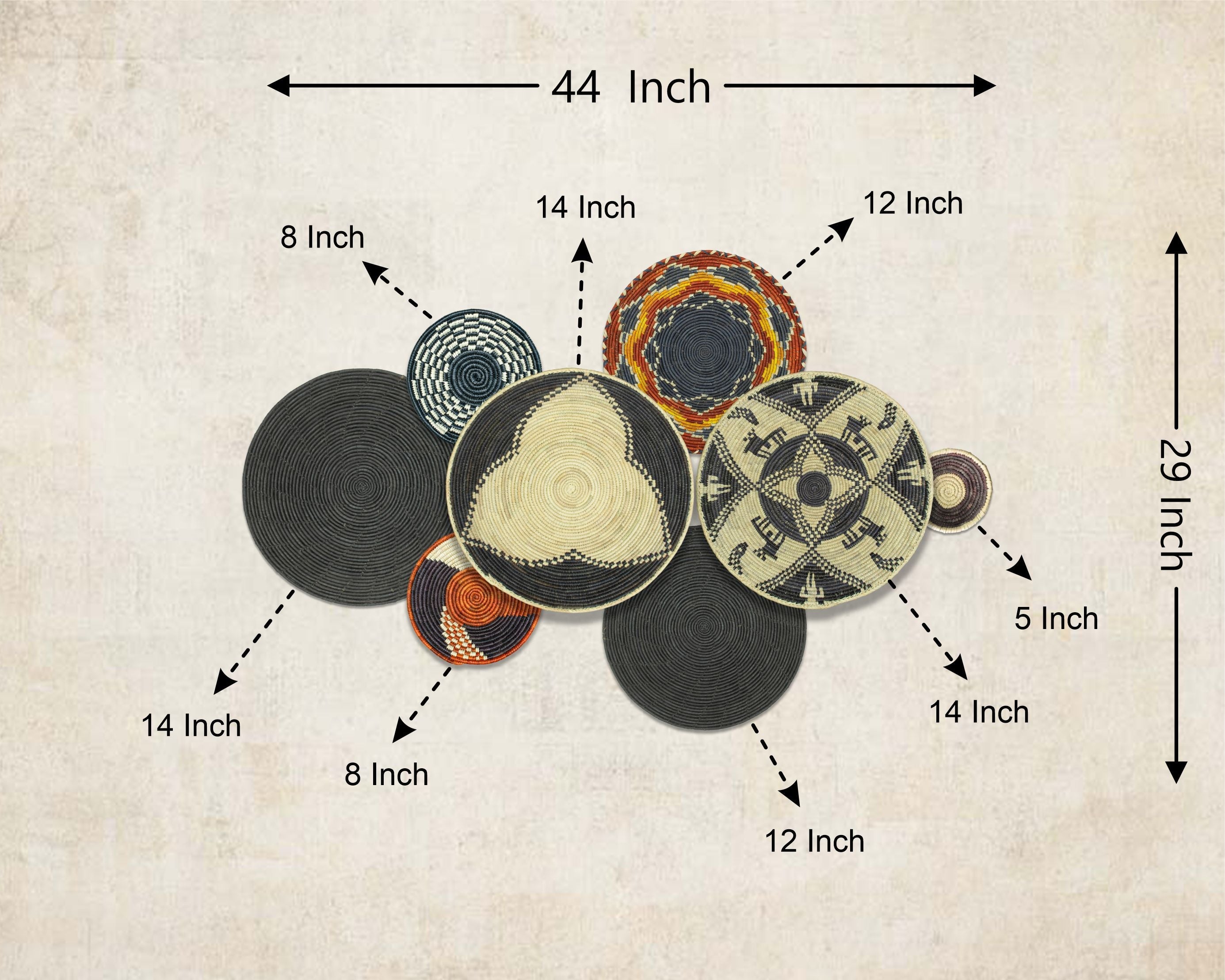 Set of 8 Handwoven wall baskets SET-349-8 N