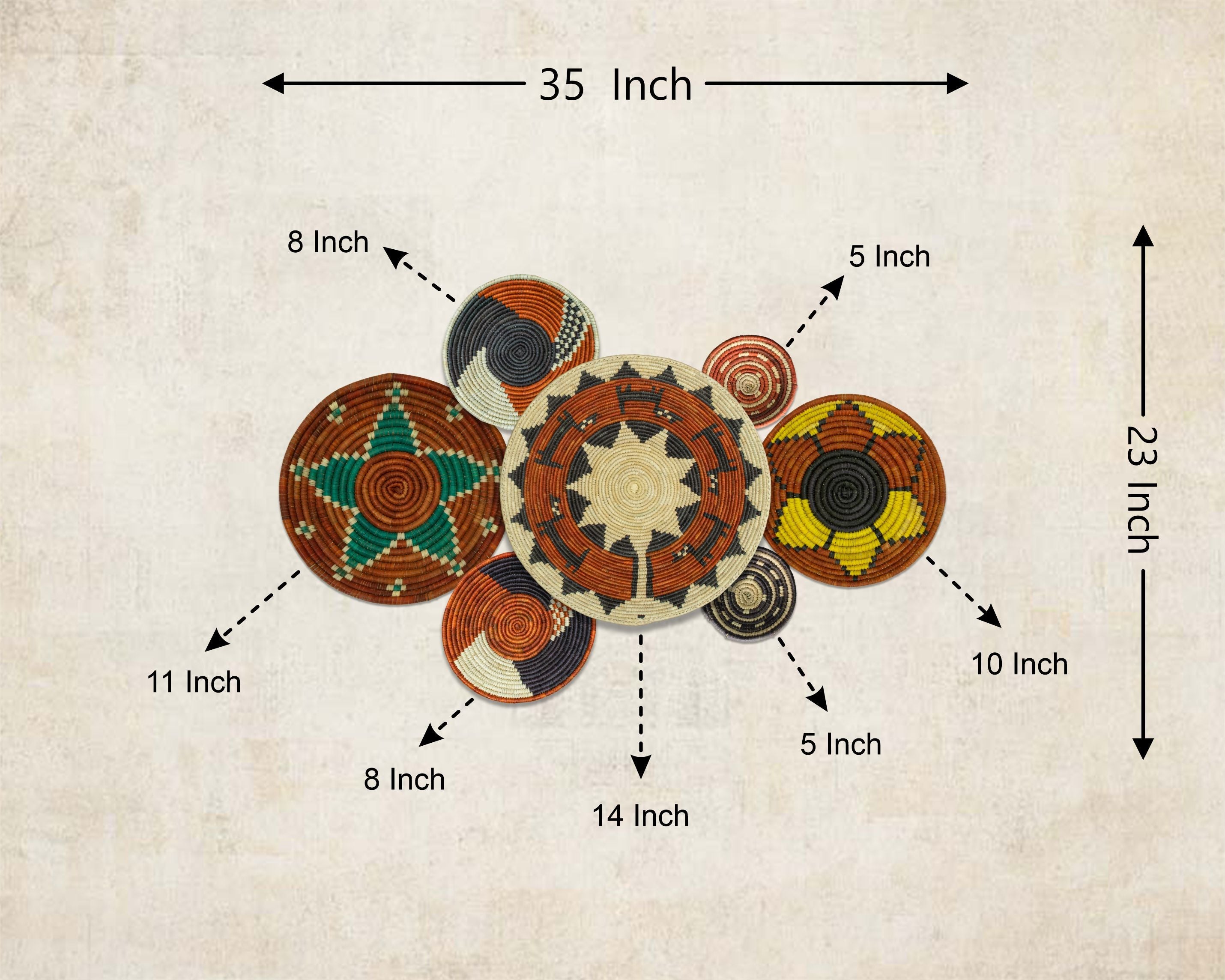 Set of 7 Handwoven wall baskets Set 312-7-N