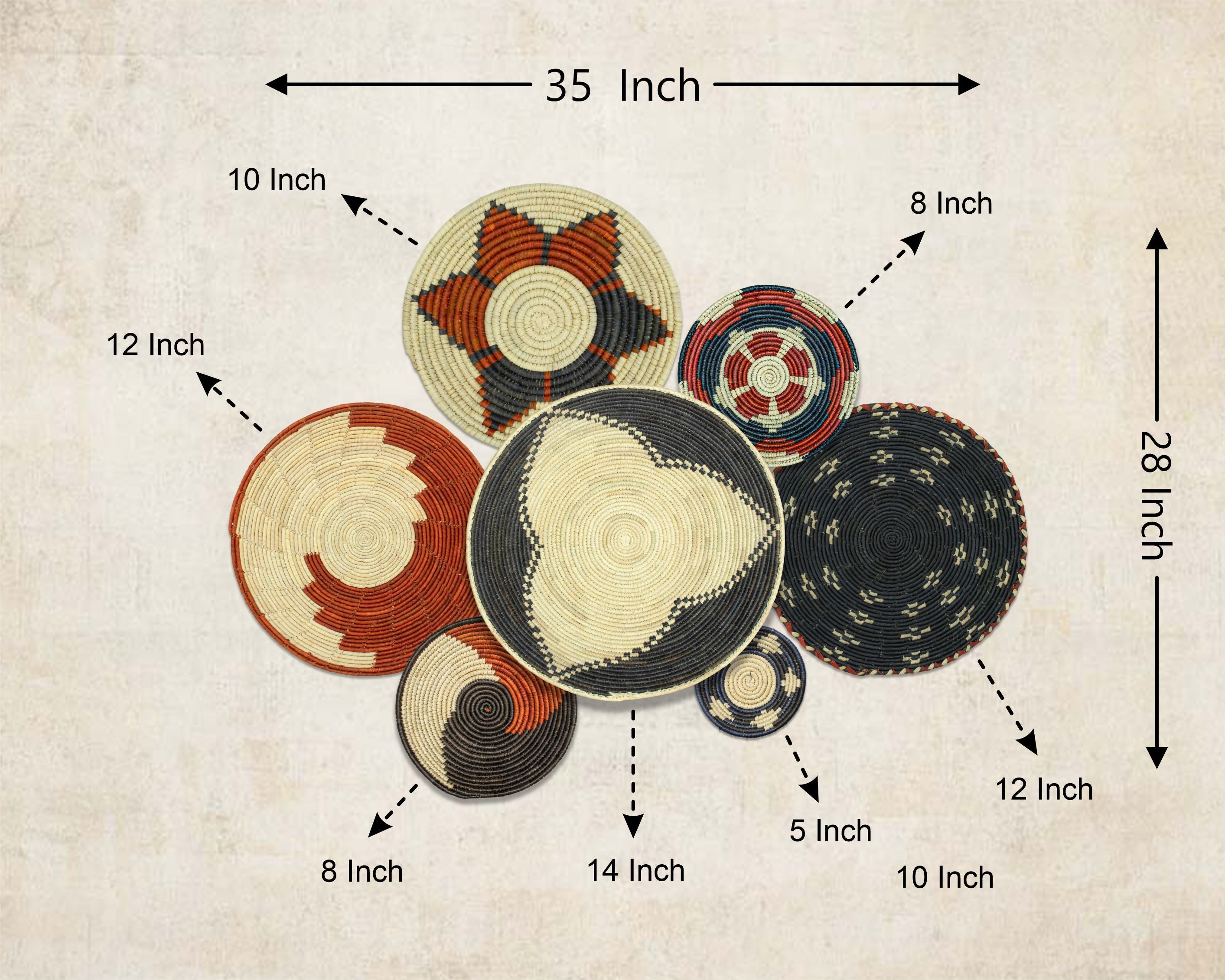 Set of 7 Handwoven wall baskets Set 319-7-N