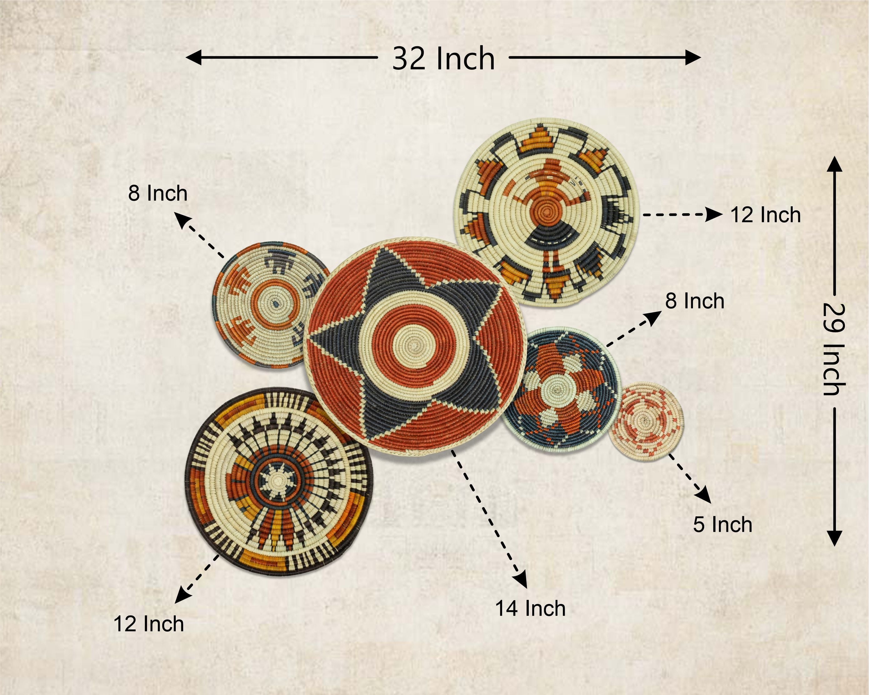 Set of 6 Handwoven wall baskets SET-391-6 N