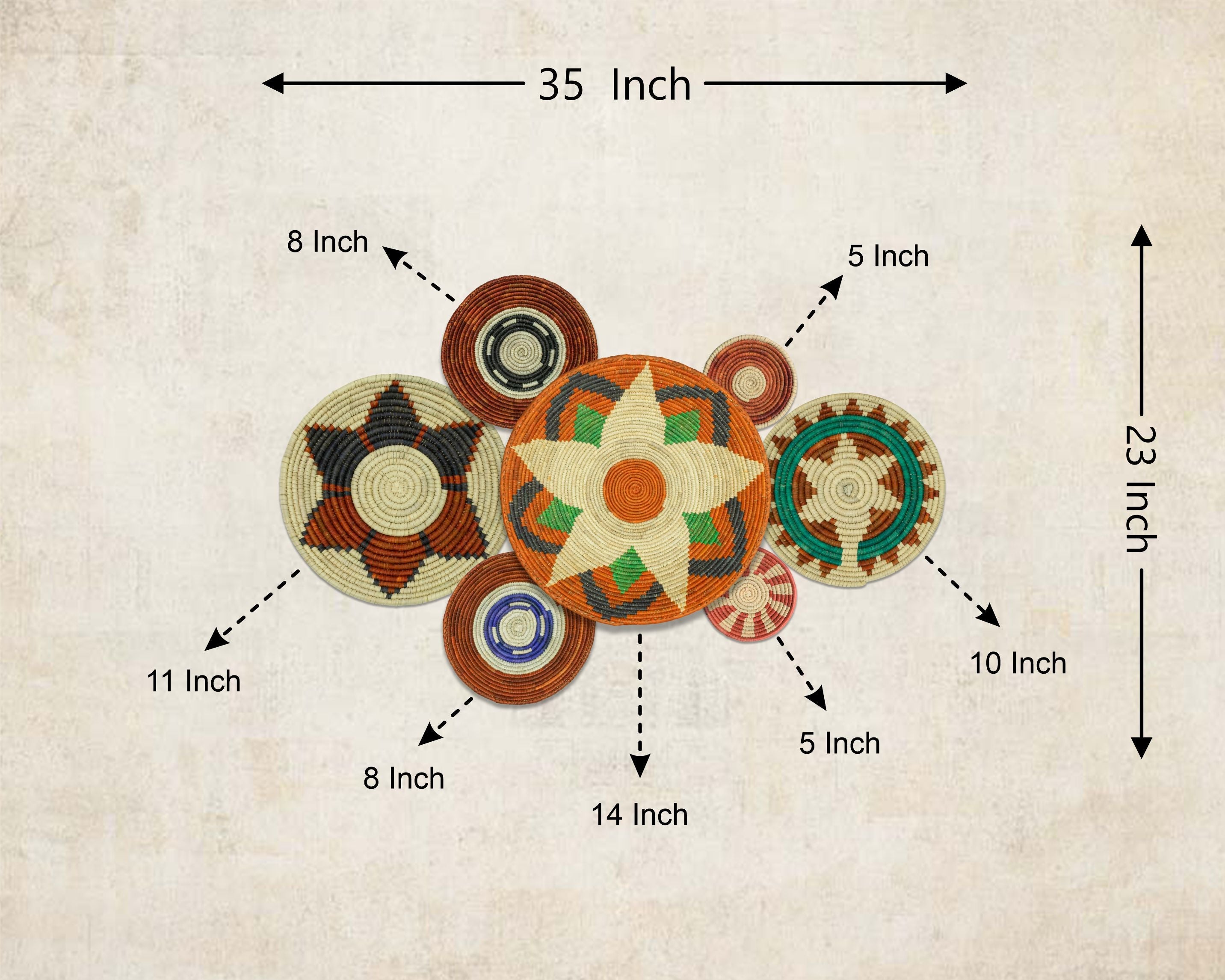 Set of 7 Handwoven wall baskets Set 311-7-N