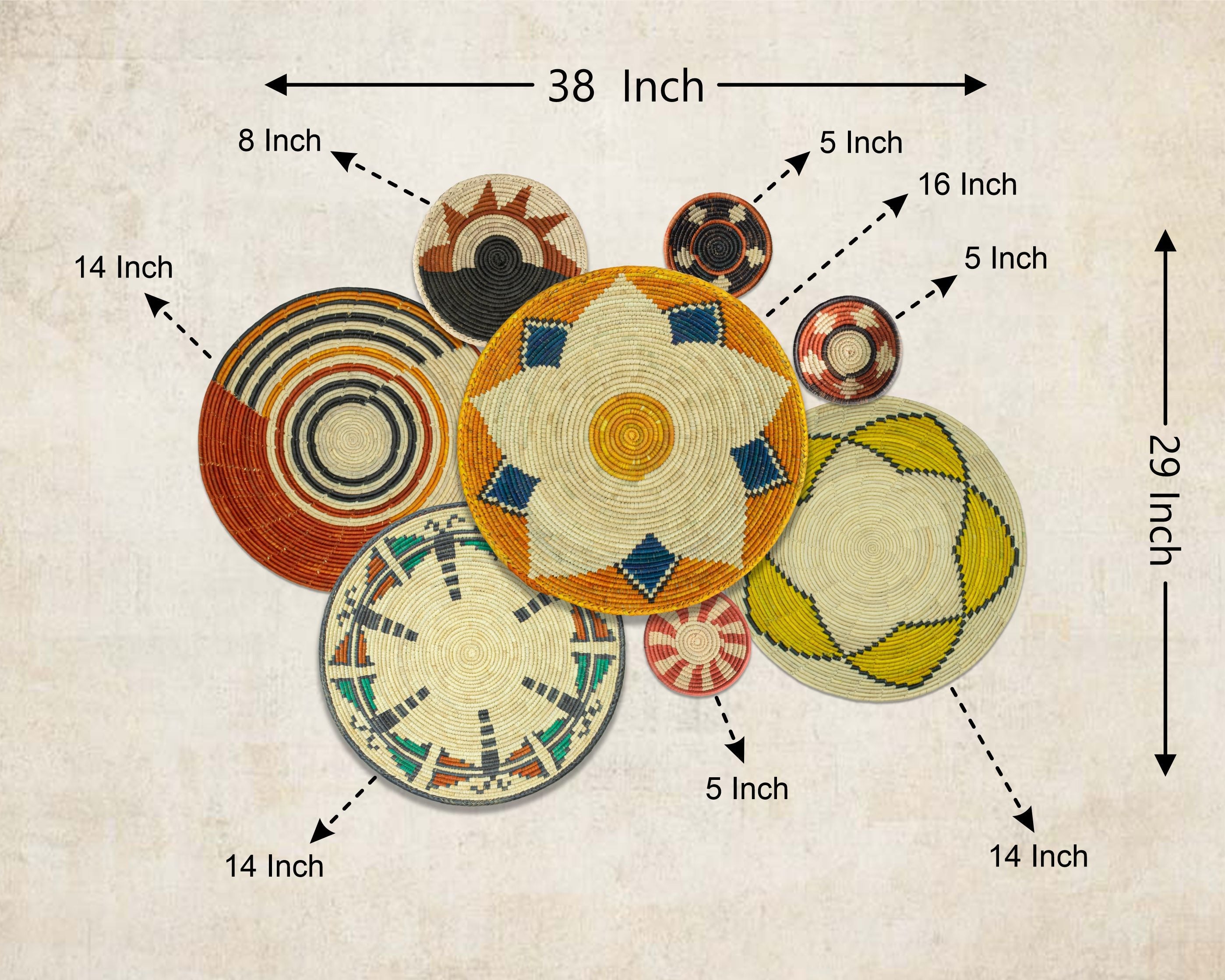 Set of 8 Handwoven wall baskets SET-334-8 N